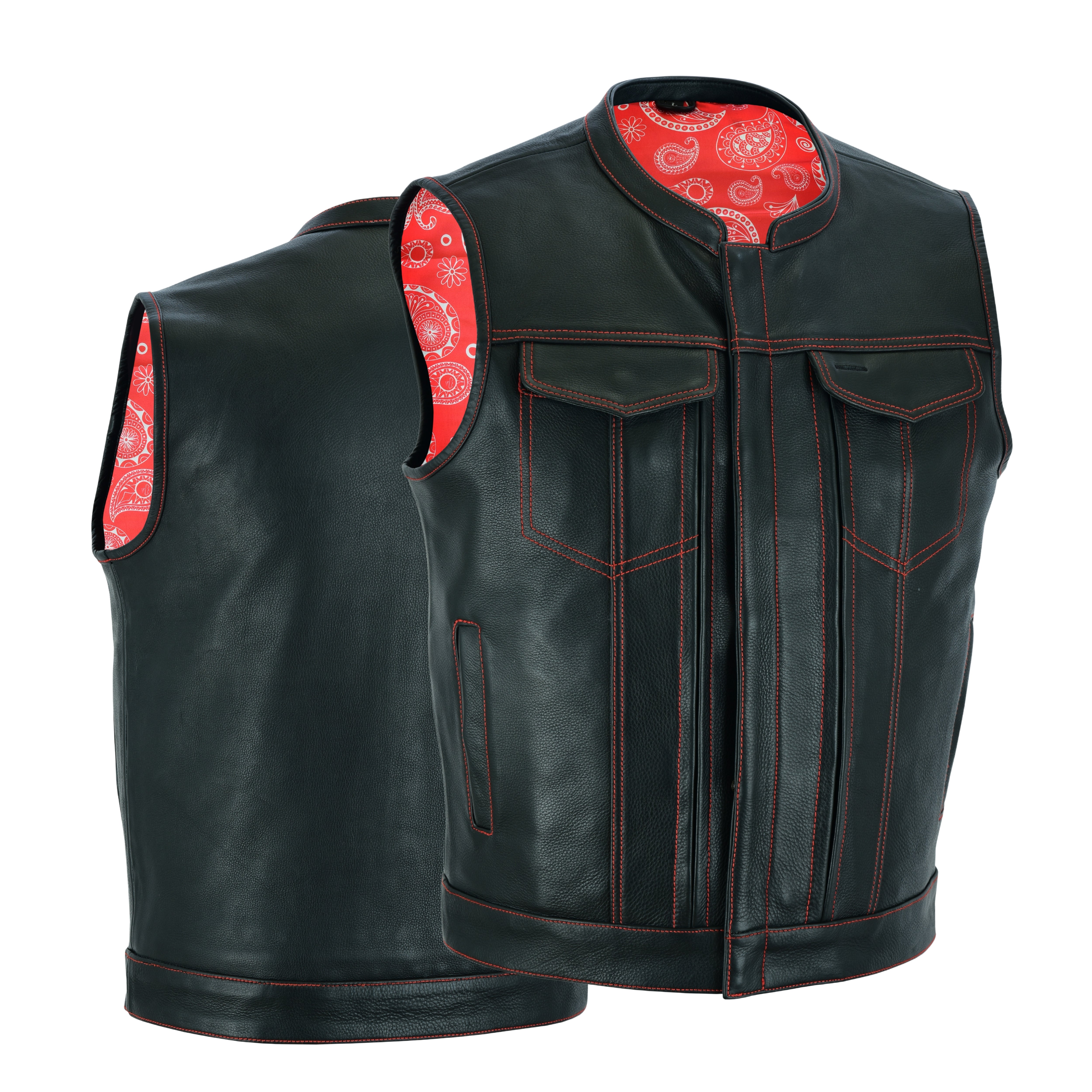 Men’s SOA Style Club Vest – Triple Red Thread Stitching with Concealed Gun Pockets & Red Lining | Rexons Tactical Biker Gear
