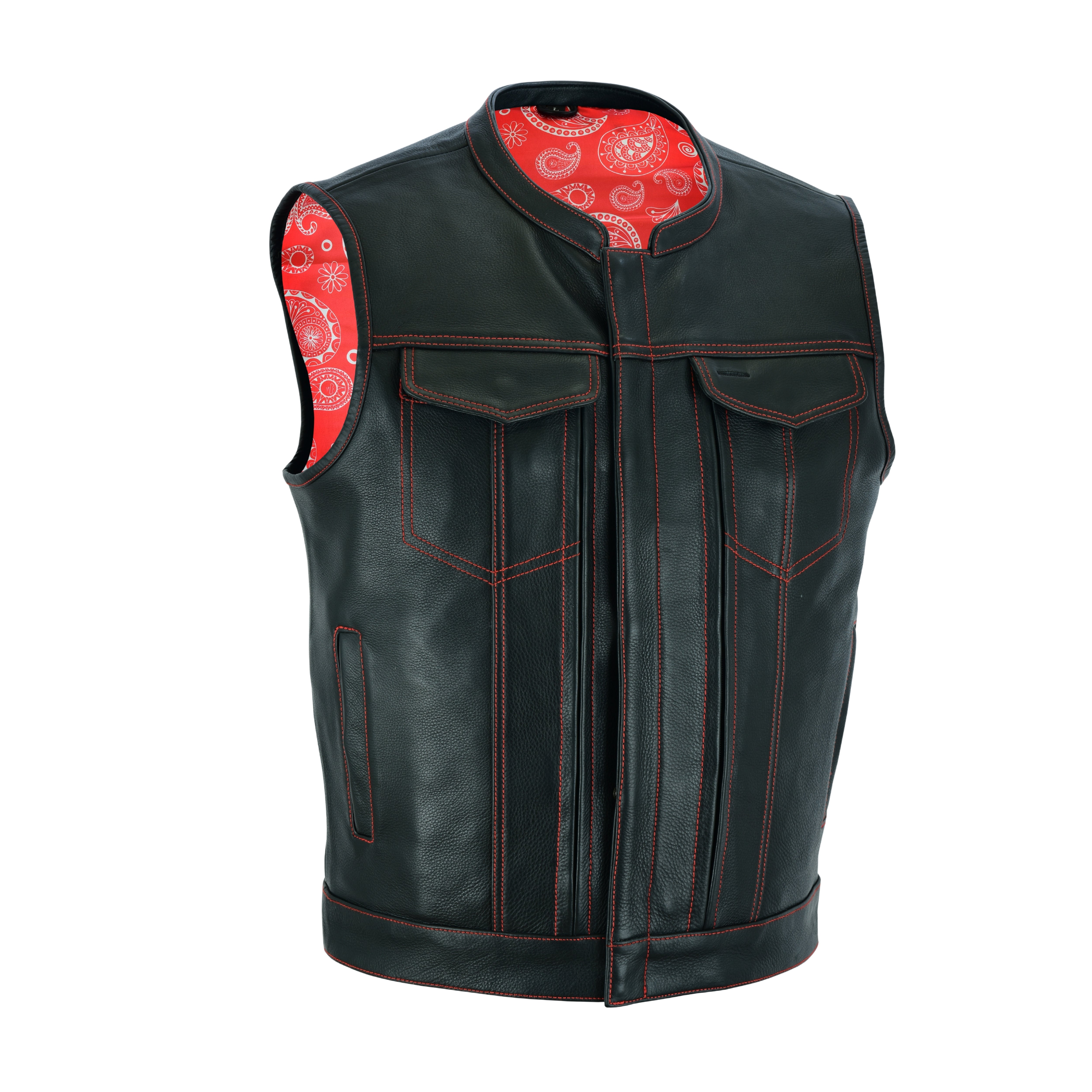 Men’s SOA Style Club Vest – Triple Red Thread Stitching with Concealed Gun Pockets & Red Lining | Rexons Tactical Biker Gear