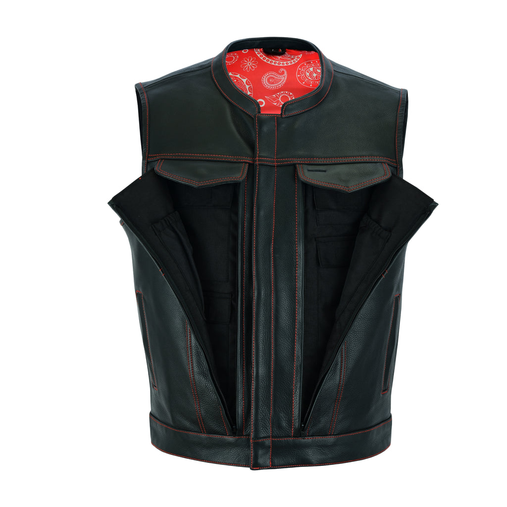 Men’s SOA Style Club Vest – Triple Red Thread Stitching with Concealed Gun Pockets & Red Lining | Rexons Tactical Biker Gear