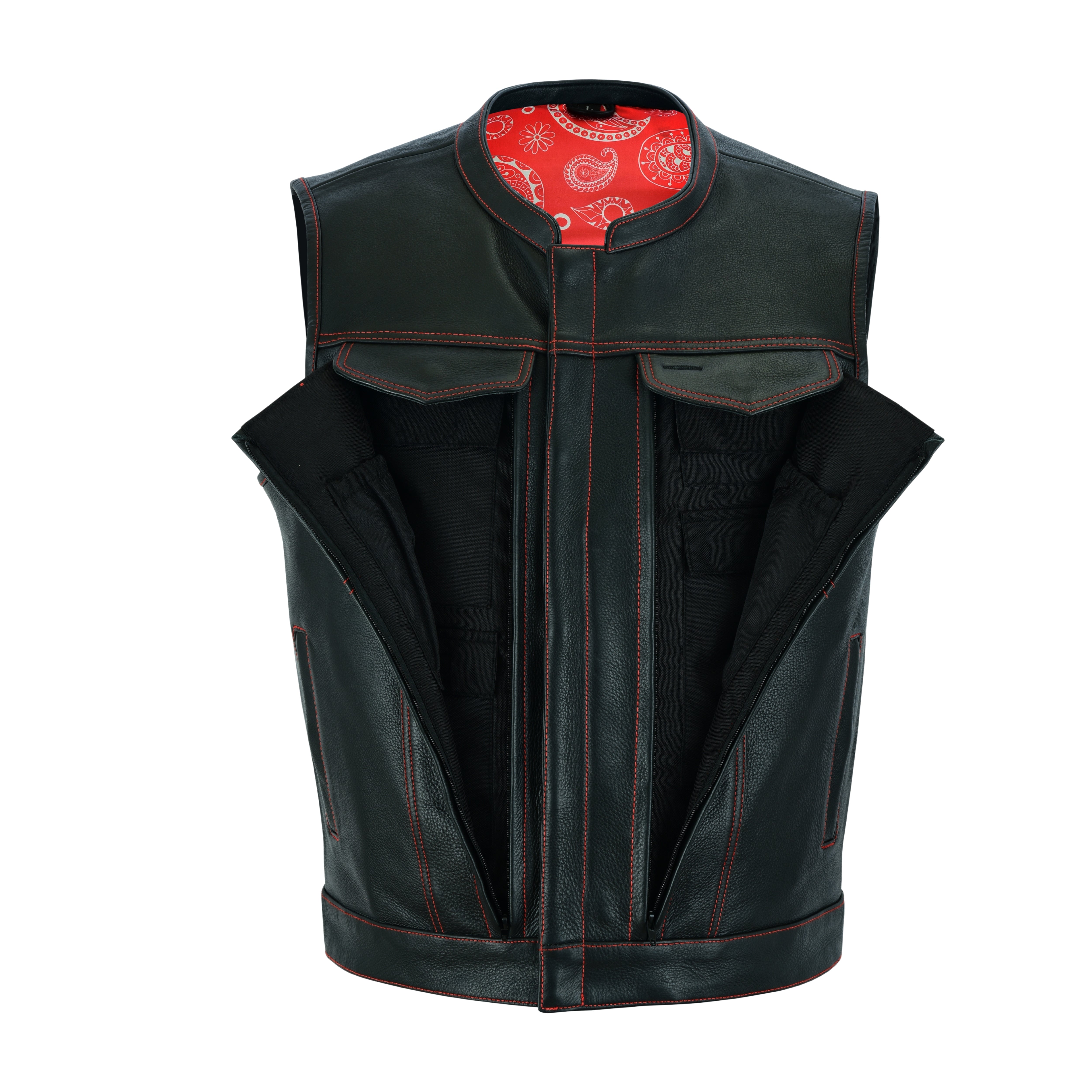 Men’s SOA Style Club Vest – Triple Red Thread Stitching with Concealed Gun Pockets & Red Lining | Rexons Tactical Biker Gear