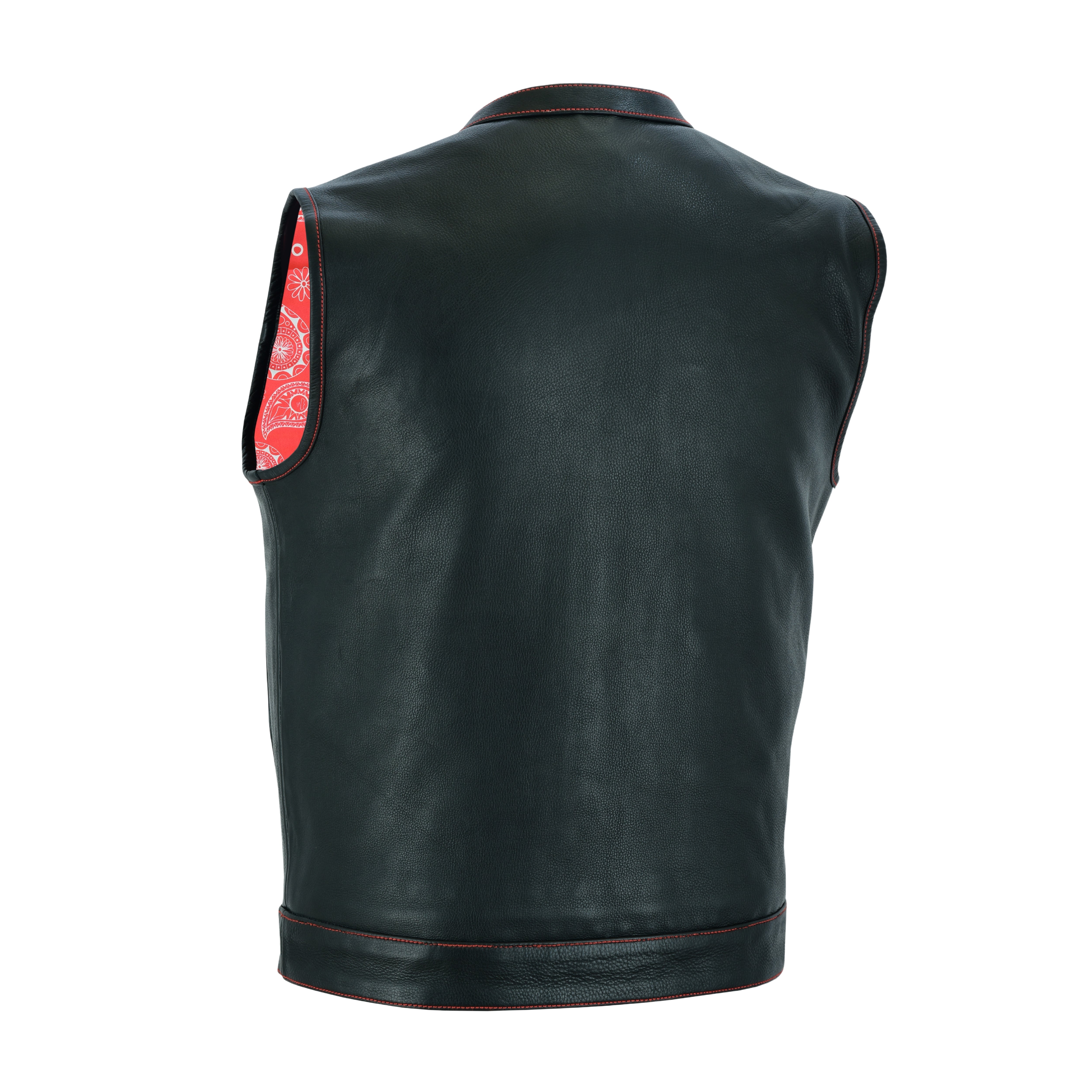 Men’s SOA Style Club Vest – Triple Red Thread Stitching with Concealed Gun Pockets & Red Lining | Rexons Tactical Biker Gear