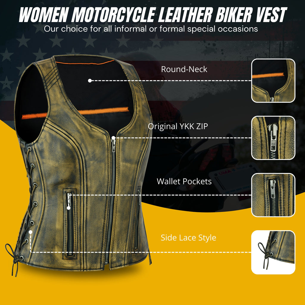 Women’s Distressed Brown ‘Open Neck’ Motorcycle Leather Vest with Side Laces – Classic Ridewear by Rexons