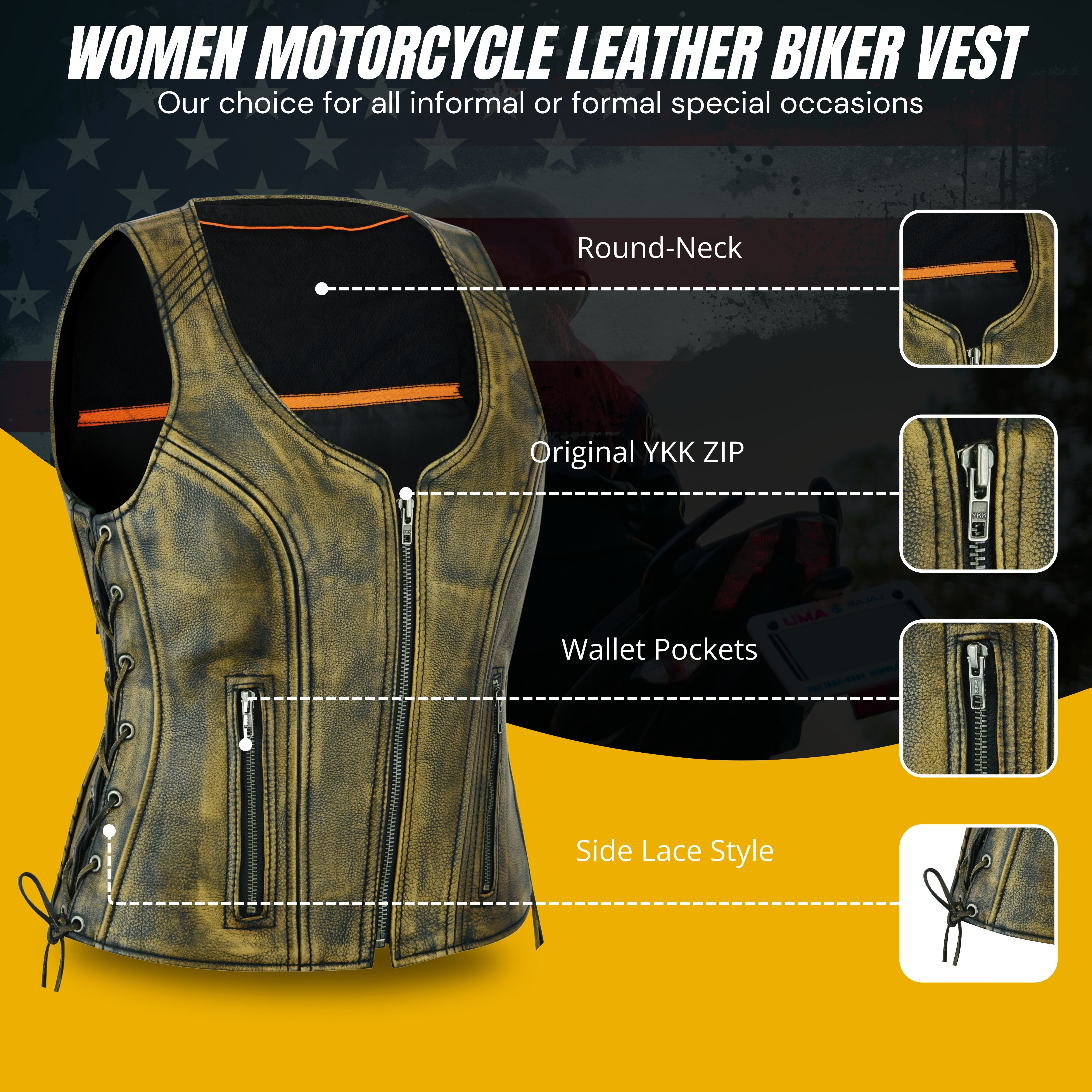 Women’s Distressed Brown ‘Open Neck’ Motorcycle Leather Vest with Side Laces – Classic Ridewear by Rexons