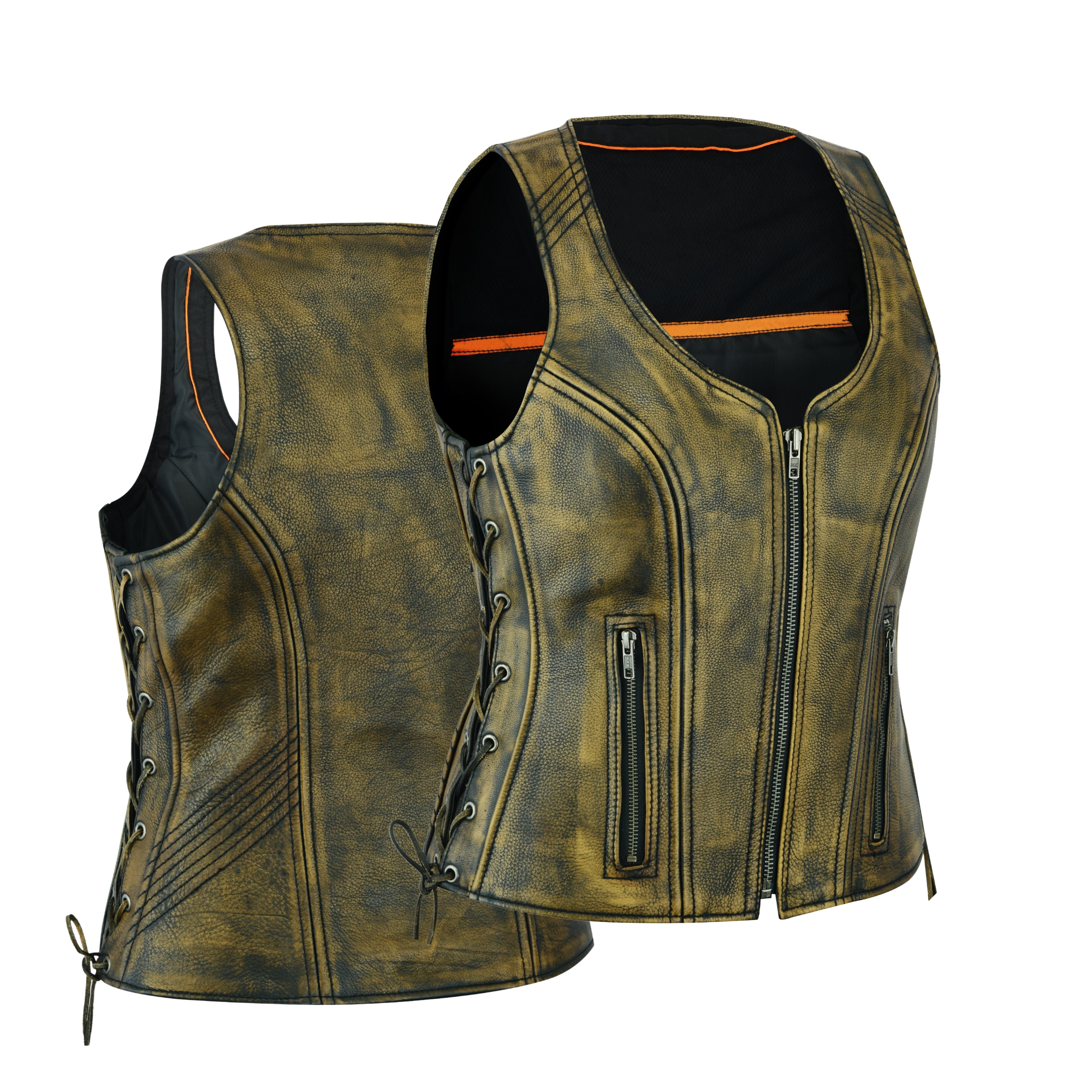 Women’s Distressed Brown ‘Open Neck’ Motorcycle Leather Vest with Side Laces – Classic Ridewear by Rexons
