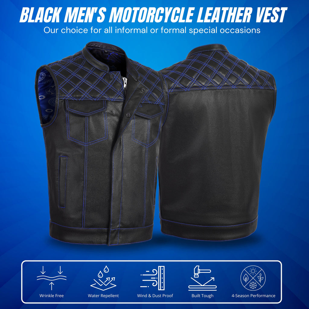 Men's Cross Stitch Club Style Cow Natural Leather Vest – Black/Blue Biker Vest by Rexons