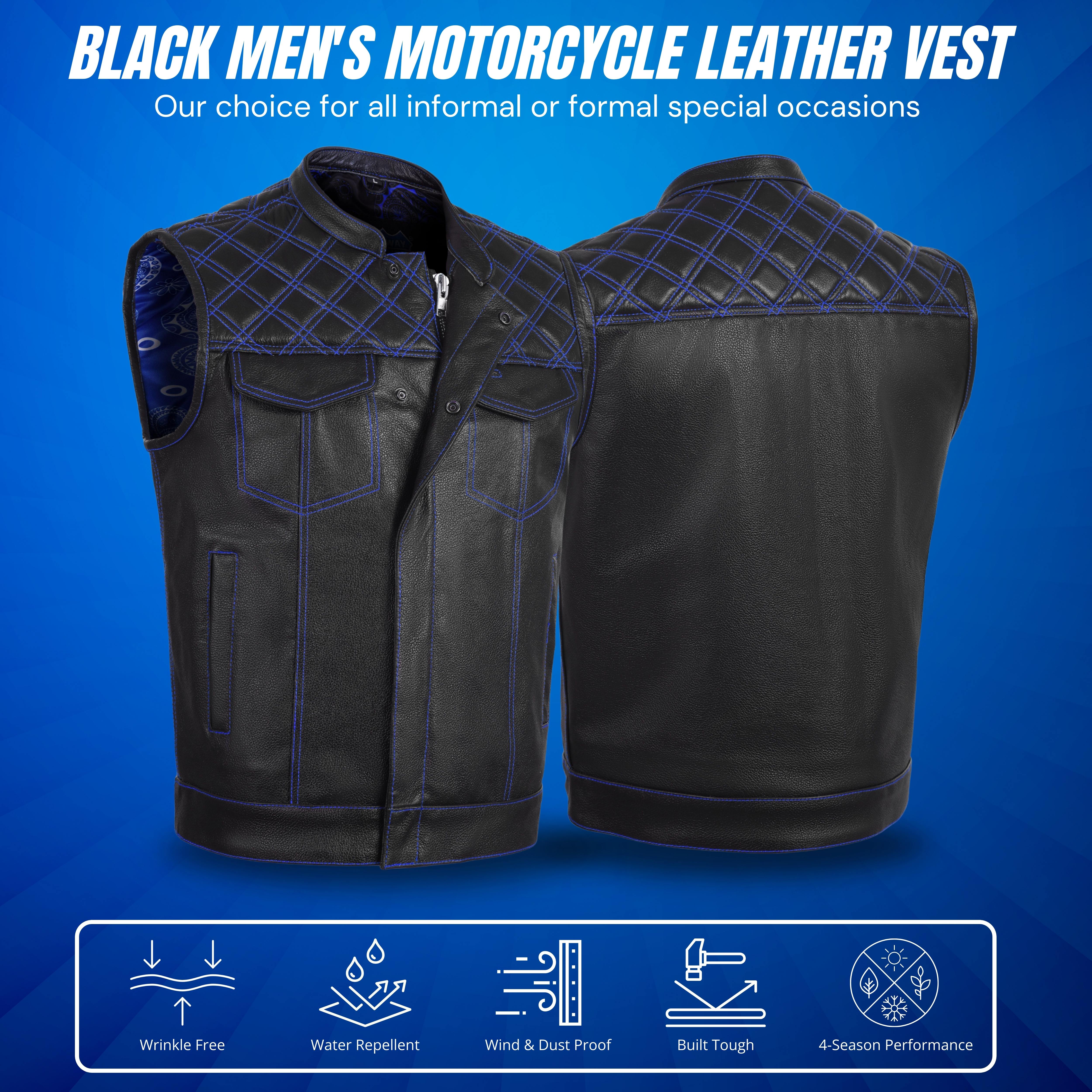 Men's Cross Stitch Club Style Cow Natural Leather Vest – Black/Blue Biker Vest by Rexons