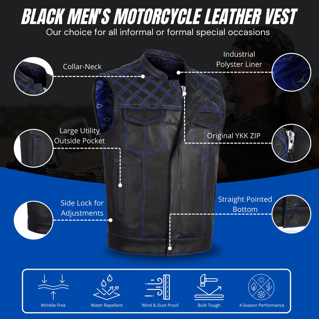 Men's Cross Stitch Club Style Cow Natural Leather Vest – Black/Blue Biker Vest by Rexons