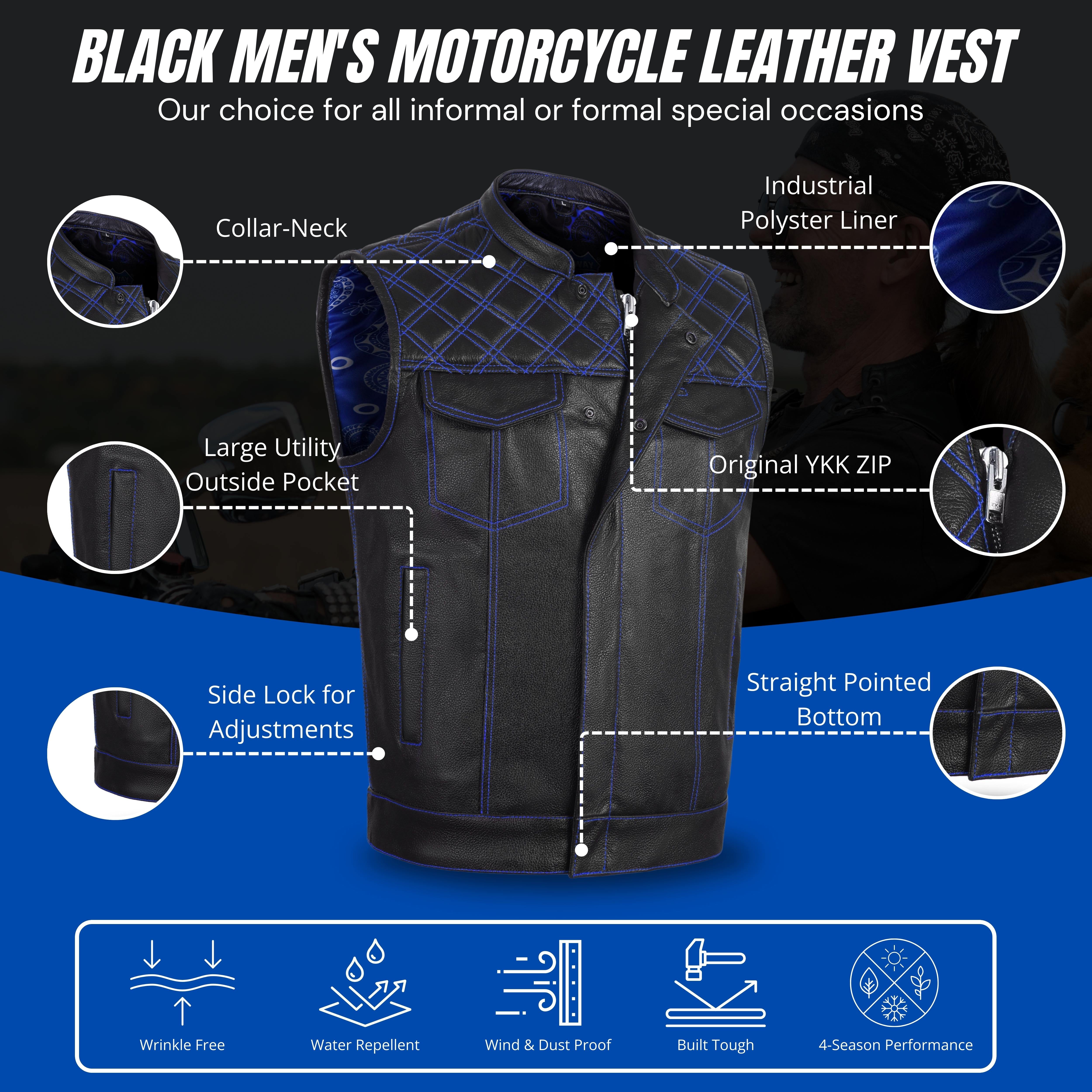 Men's Cross Stitch Club Style Cow Natural Leather Vest – Black/Blue Biker Vest by Rexons