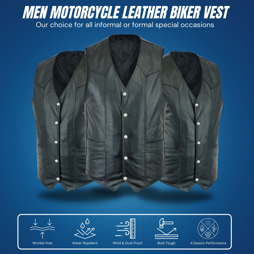 Men’s Classic Plain Motorcycle Leather Vest – Timeless Biker Cut Riding Vest by Rexons