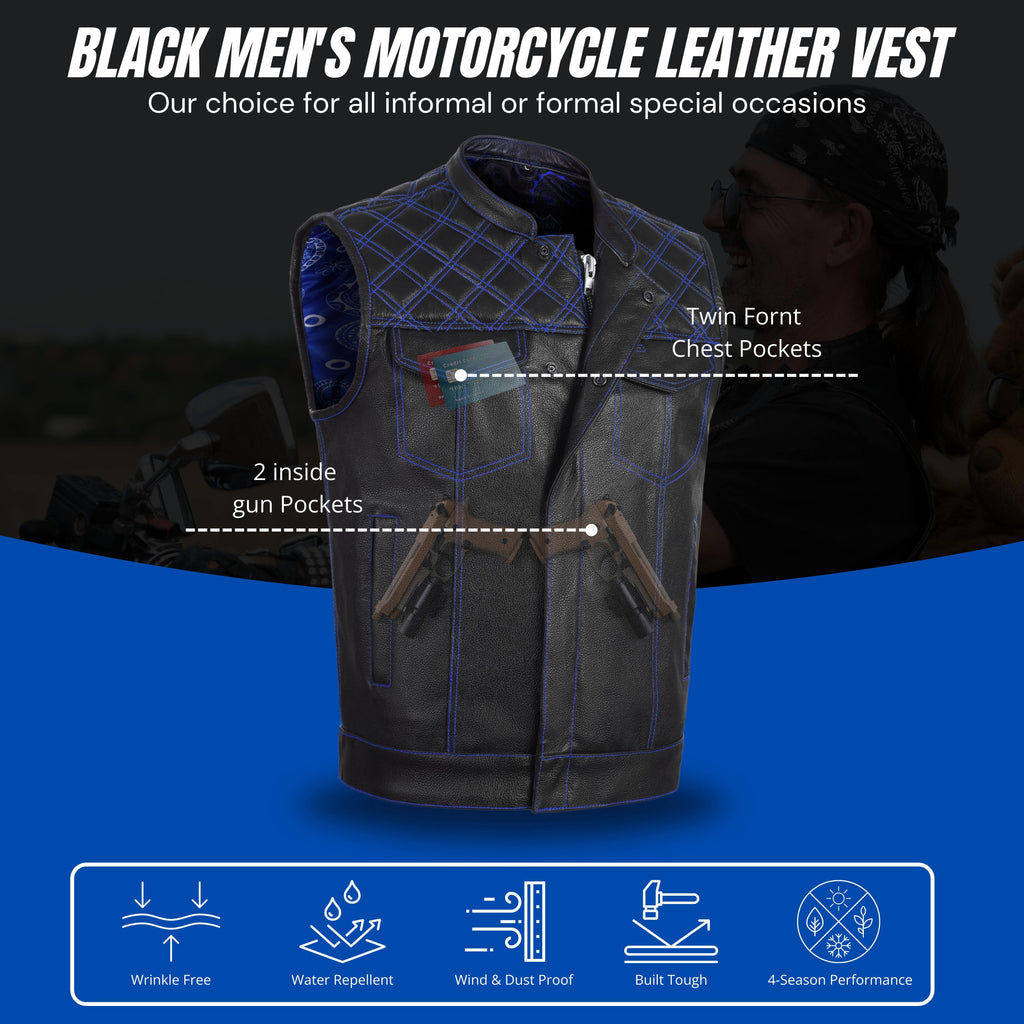 Men's Cross Stitch Club Style Cow Natural Leather Vest – Black/Blue Biker Vest by Rexons