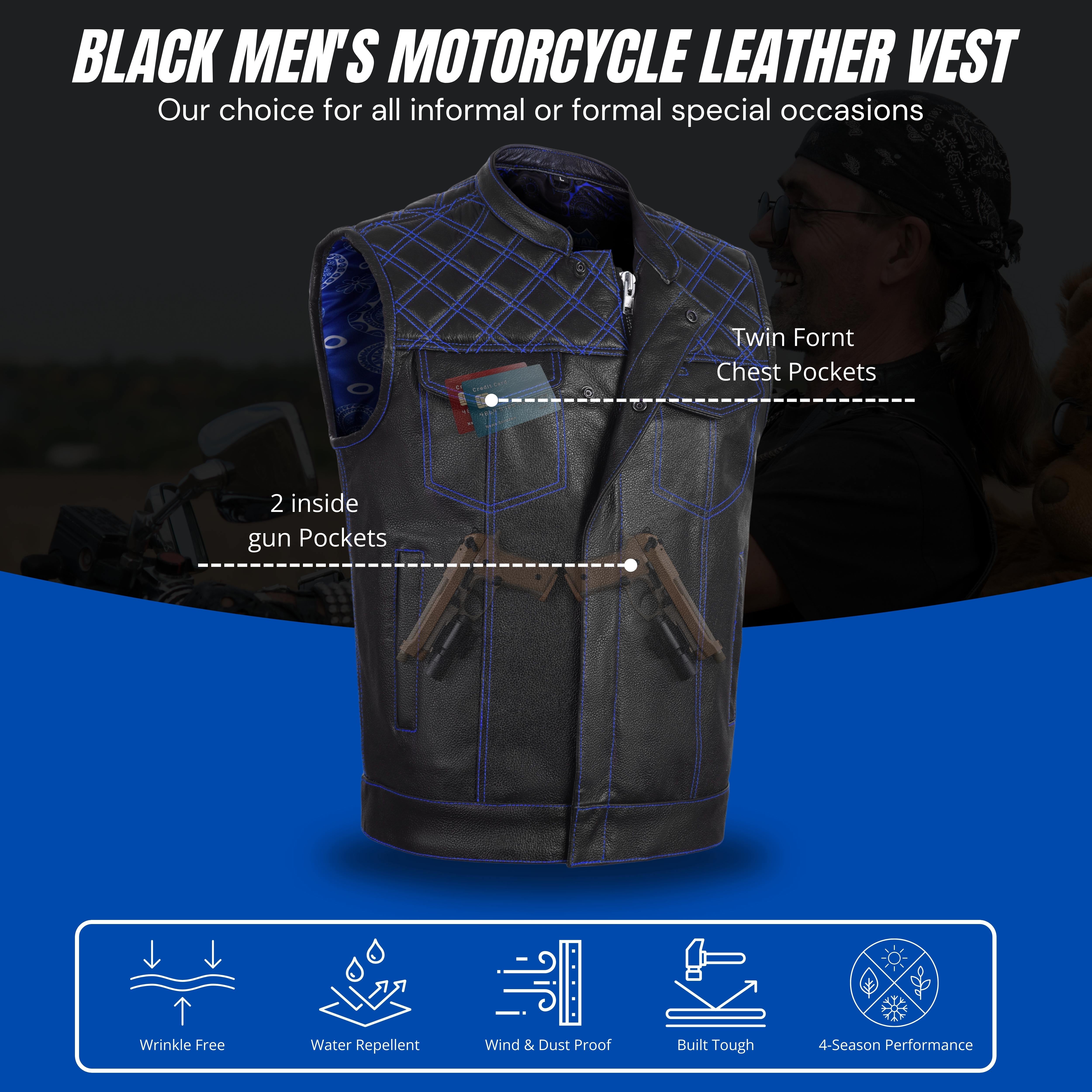 Men's Cross Stitch Club Style Cow Natural Leather Vest – Black/Blue Biker Vest by Rexons