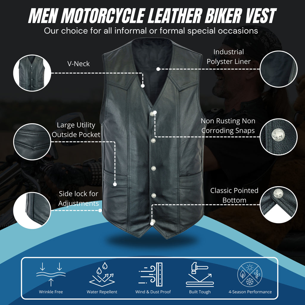 Men’s Classic Plain Motorcycle Leather Vest – Timeless Biker Cut Riding Vest by Rexons