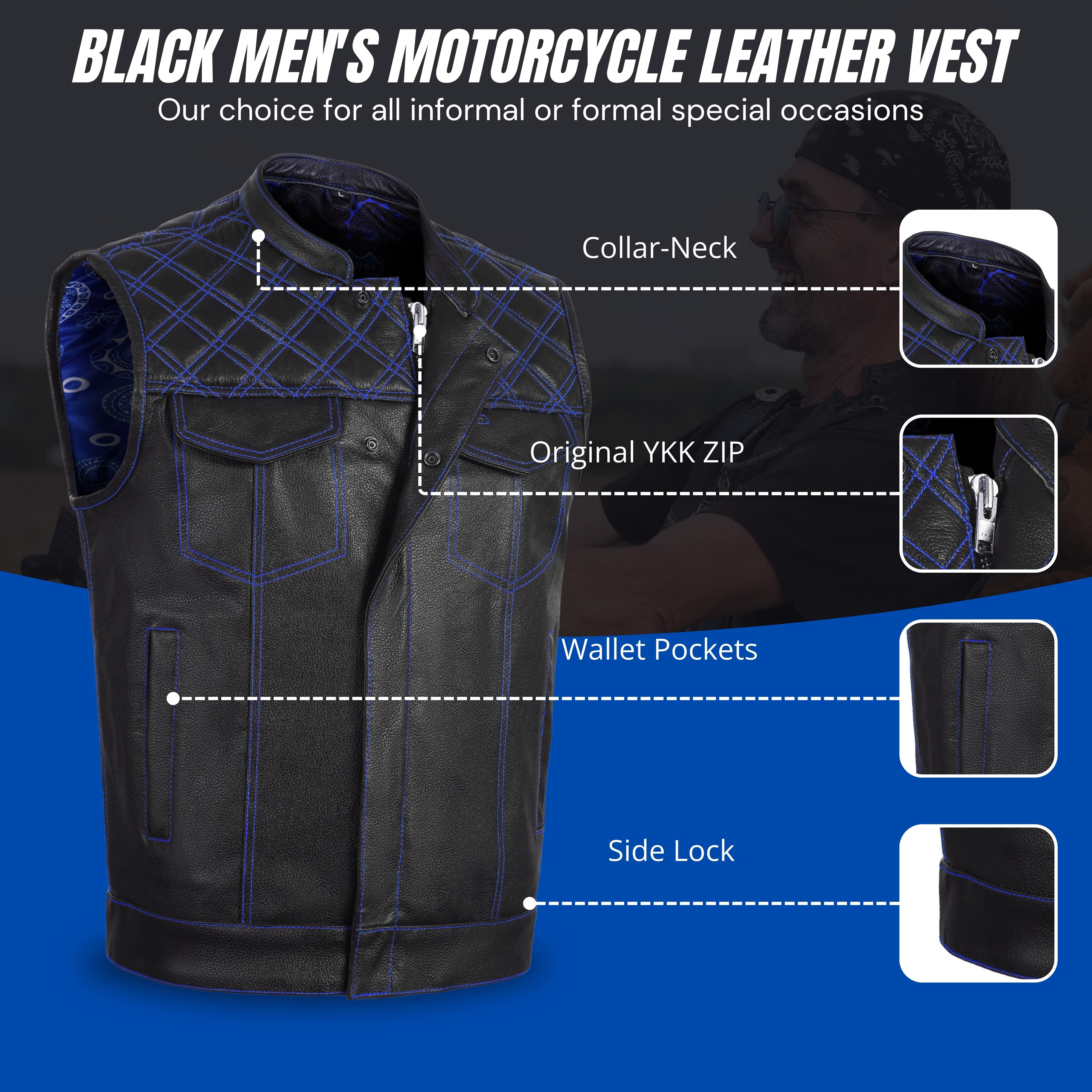 Men's Cross Stitch Club Style Cow Natural Leather Vest – Black/Blue Biker Vest by Rexons