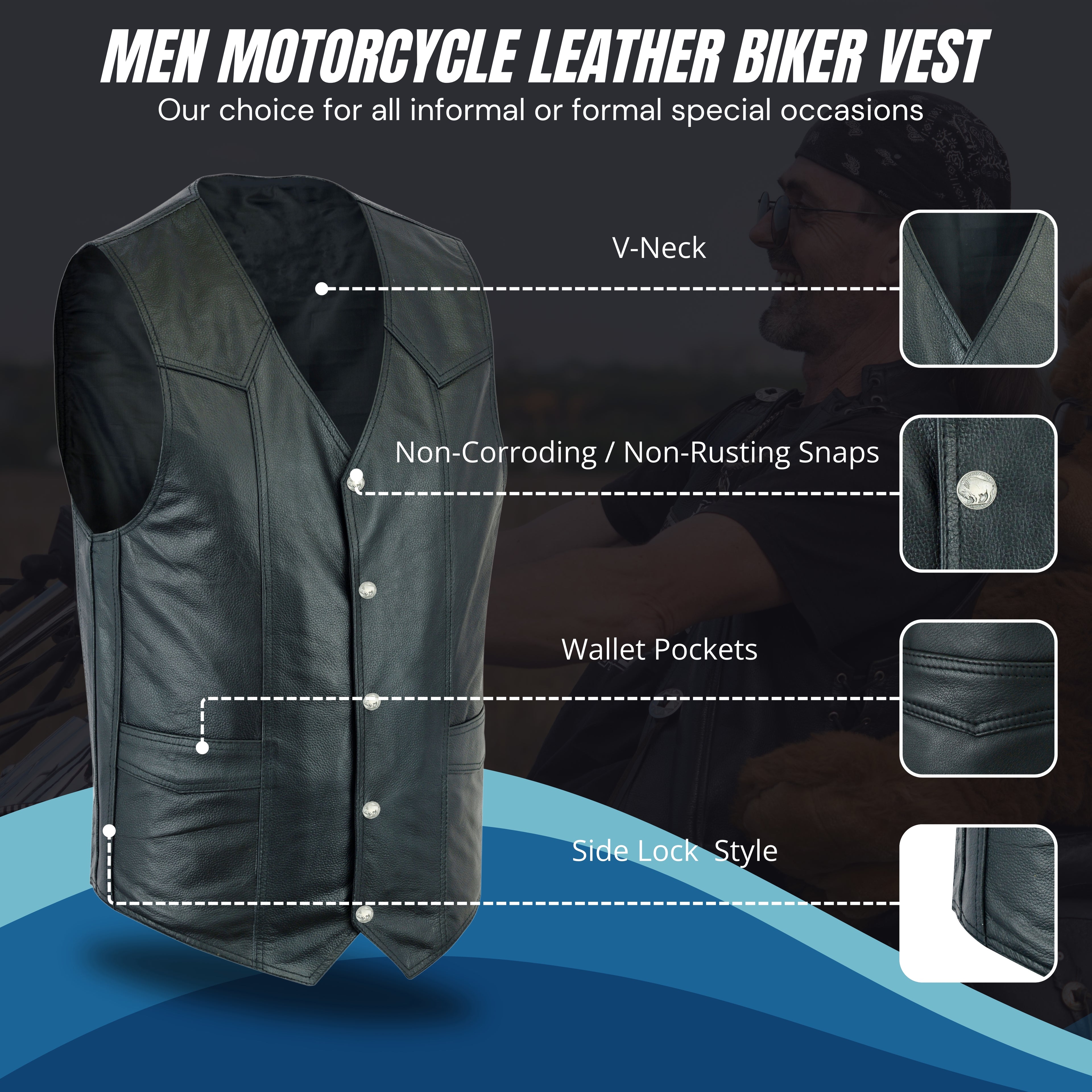 Men’s Classic Plain Motorcycle Leather Vest – Timeless Biker Cut Riding Vest by Rexons