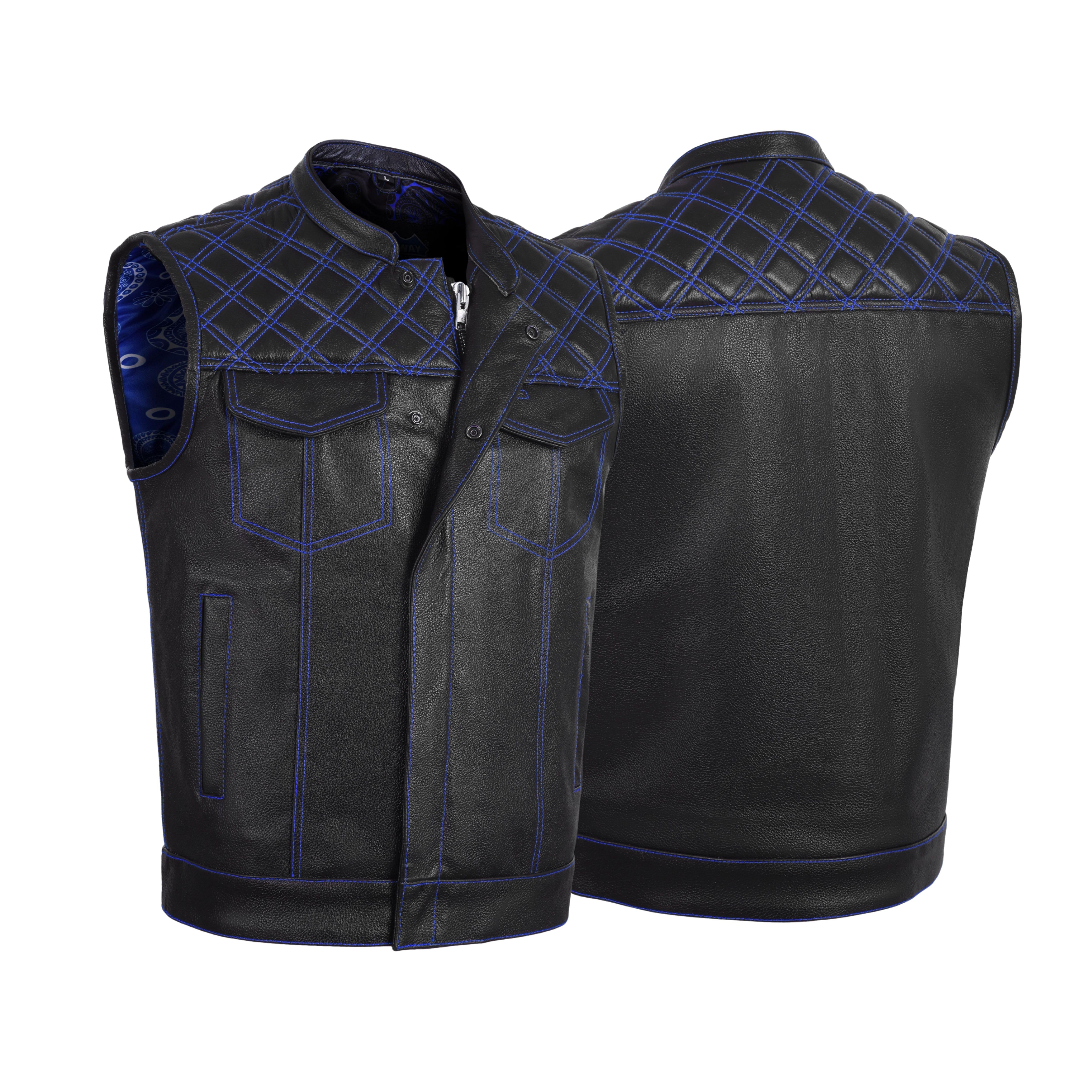 Men's Cross Stitch Club Style Cow Natural Leather Vest – Black/Blue Biker Vest by Rexons