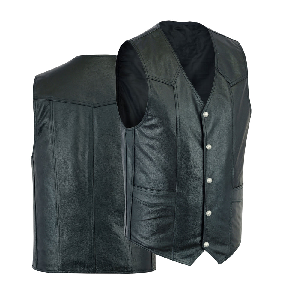 Men’s Classic Plain Motorcycle Leather Vest – Timeless Biker Cut Riding Vest by Rexons