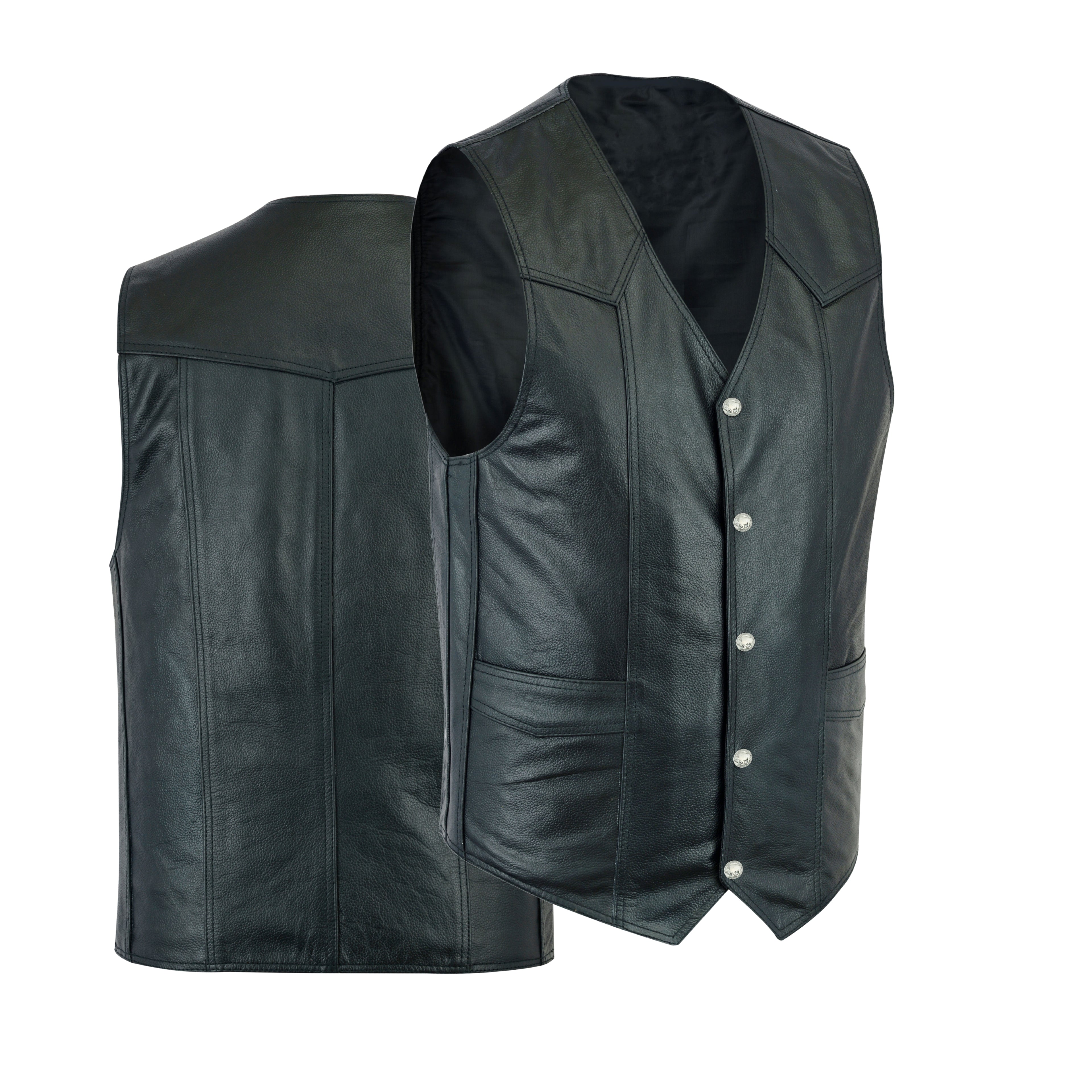 Men’s Classic Plain Motorcycle Leather Vest – Timeless Biker Cut Riding Vest by Rexons