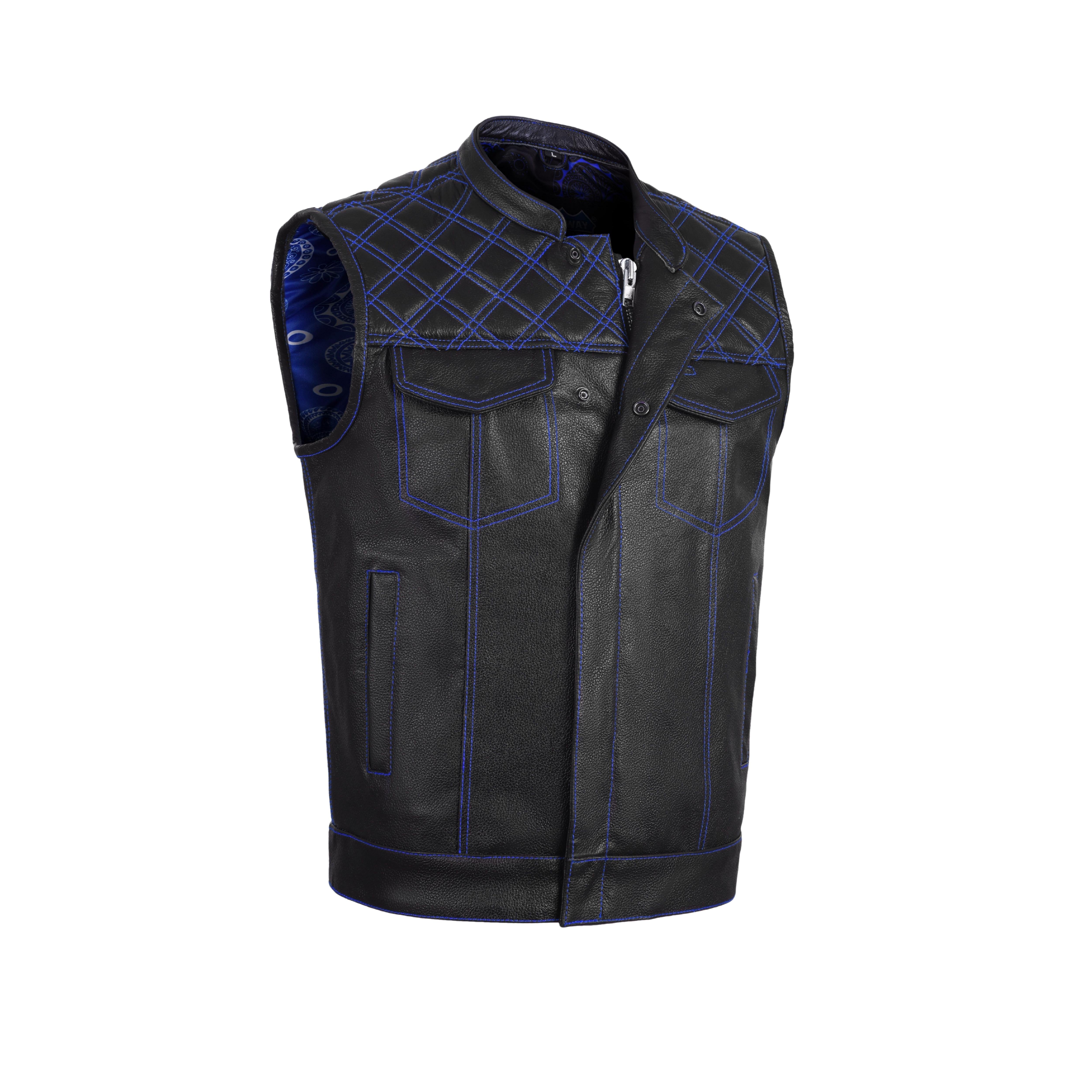 Men's Cross Stitch Club Style Cow Natural Leather Vest – Black/Blue Biker Vest by Rexons