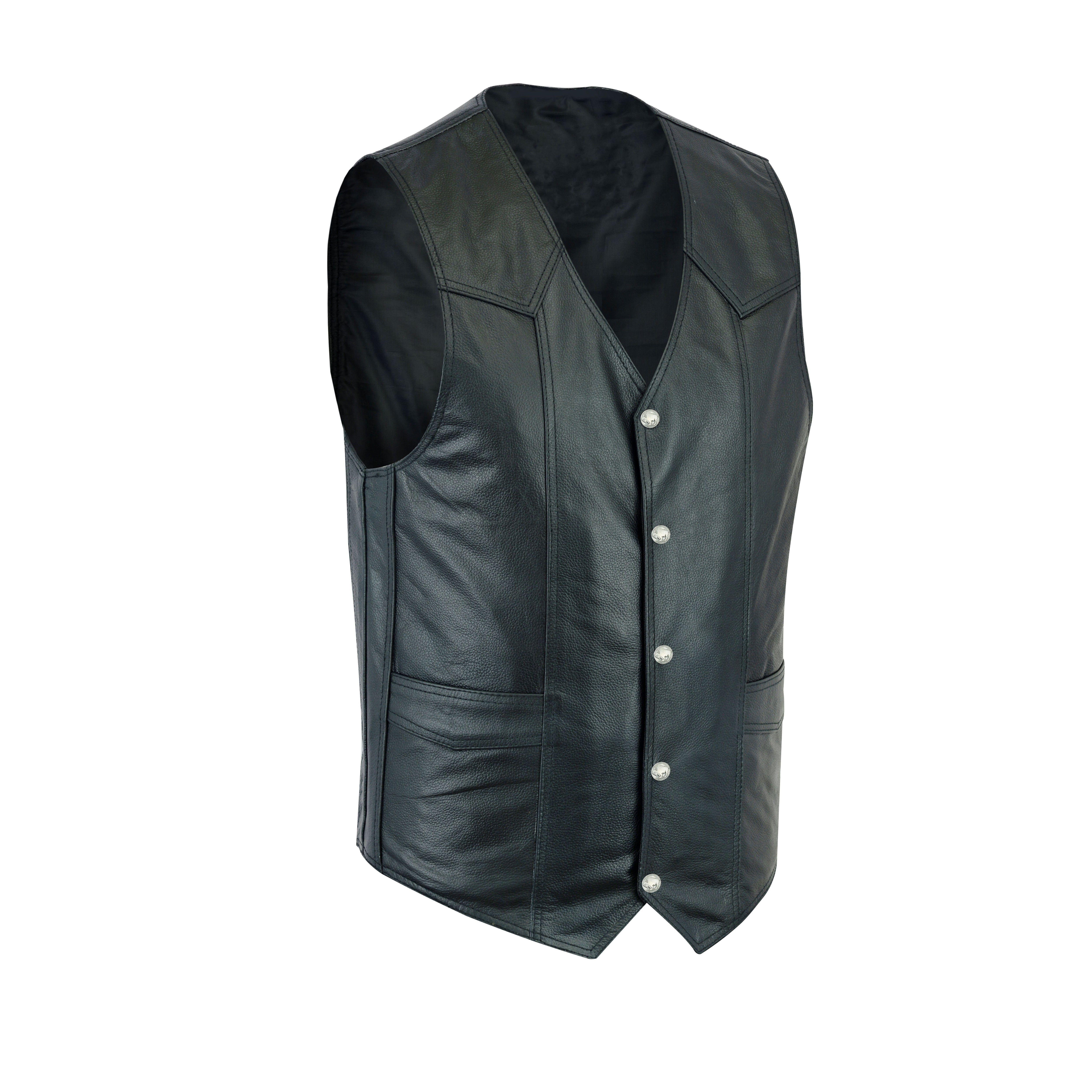 Men’s Classic Plain Motorcycle Leather Vest – Timeless Biker Cut Riding Vest by Rexons