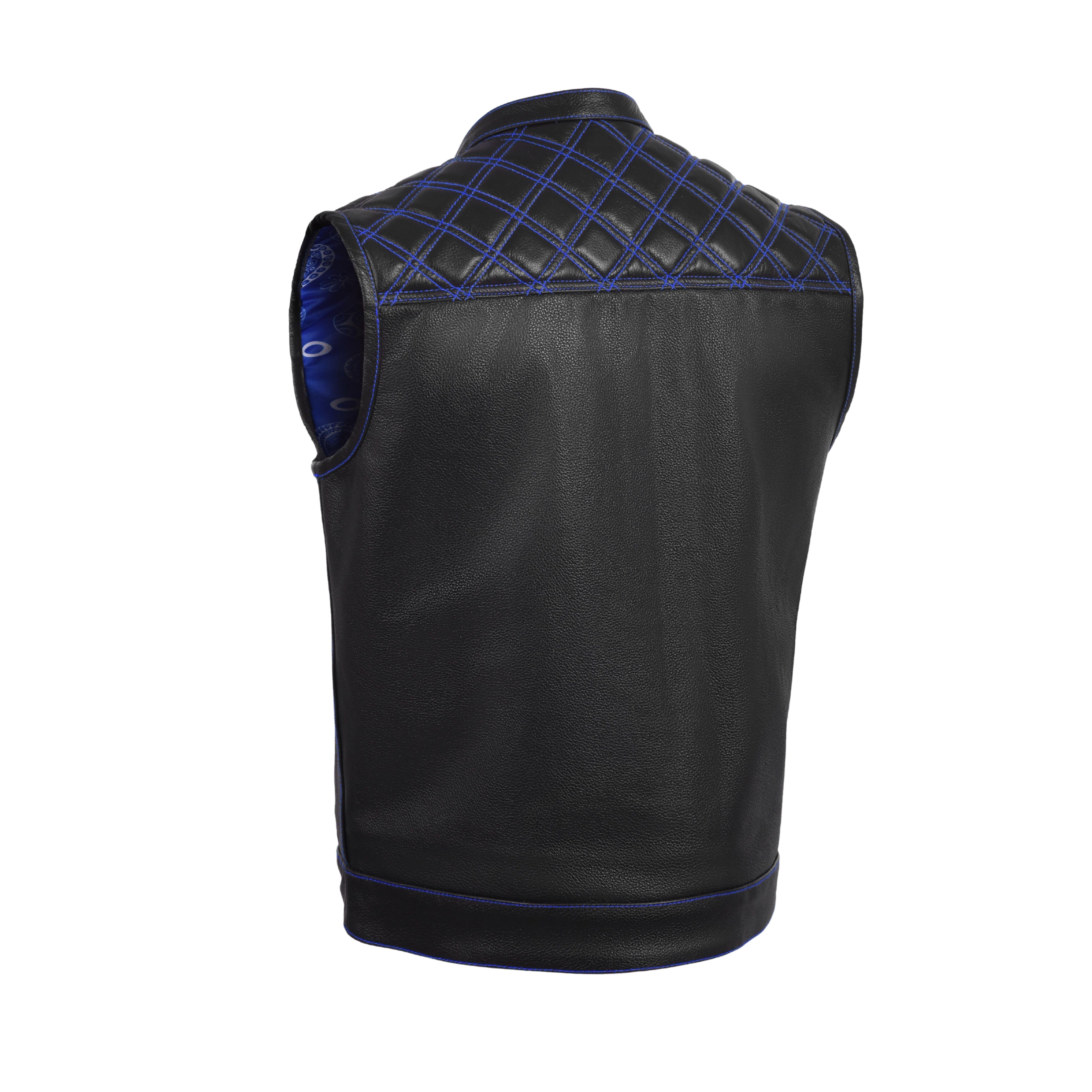 Men's Cross Stitch Club Style Cow Natural Leather Vest – Black/Blue Biker Vest by Rexons