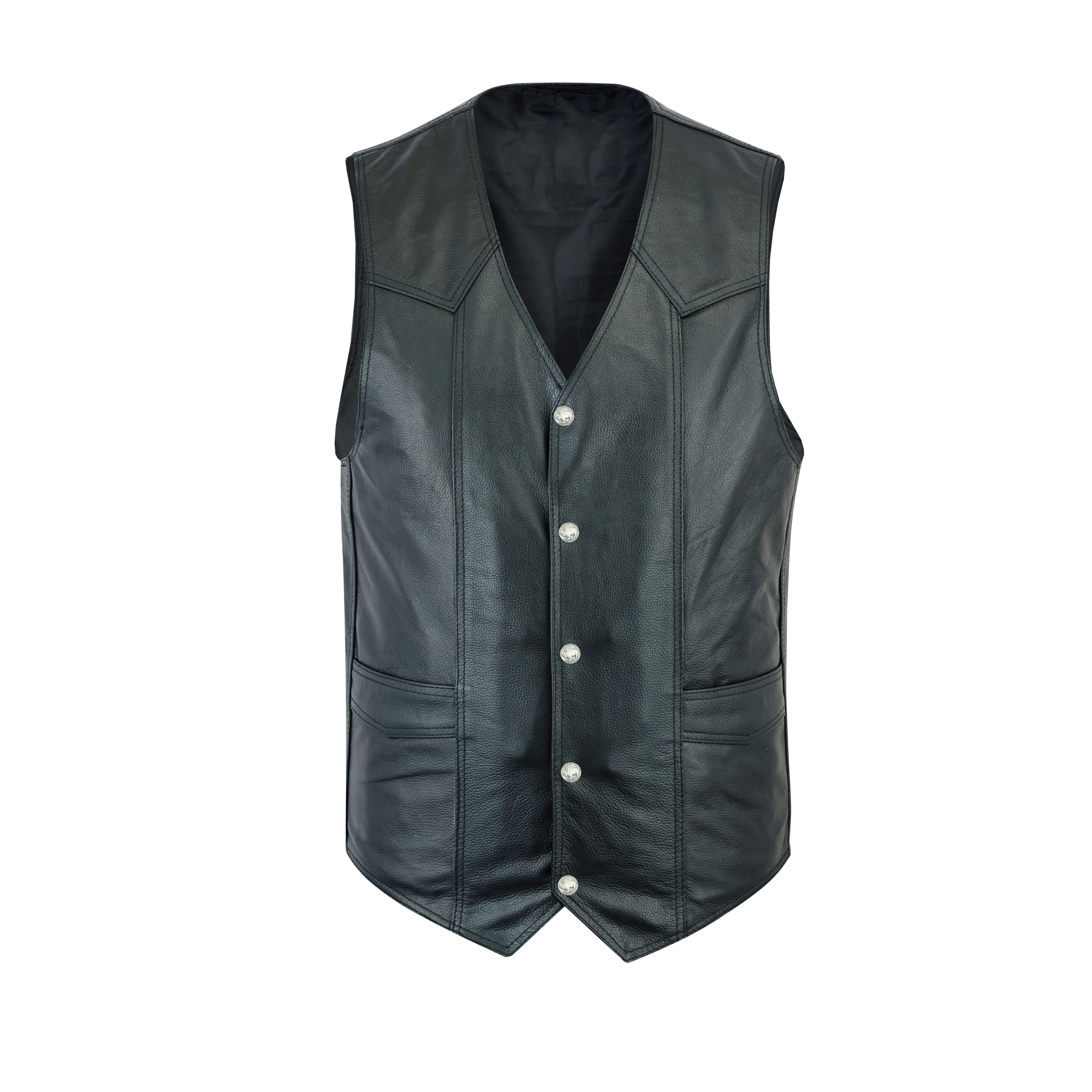 Men’s Classic Plain Motorcycle Leather Vest – Timeless Biker Cut Riding Vest by Rexons