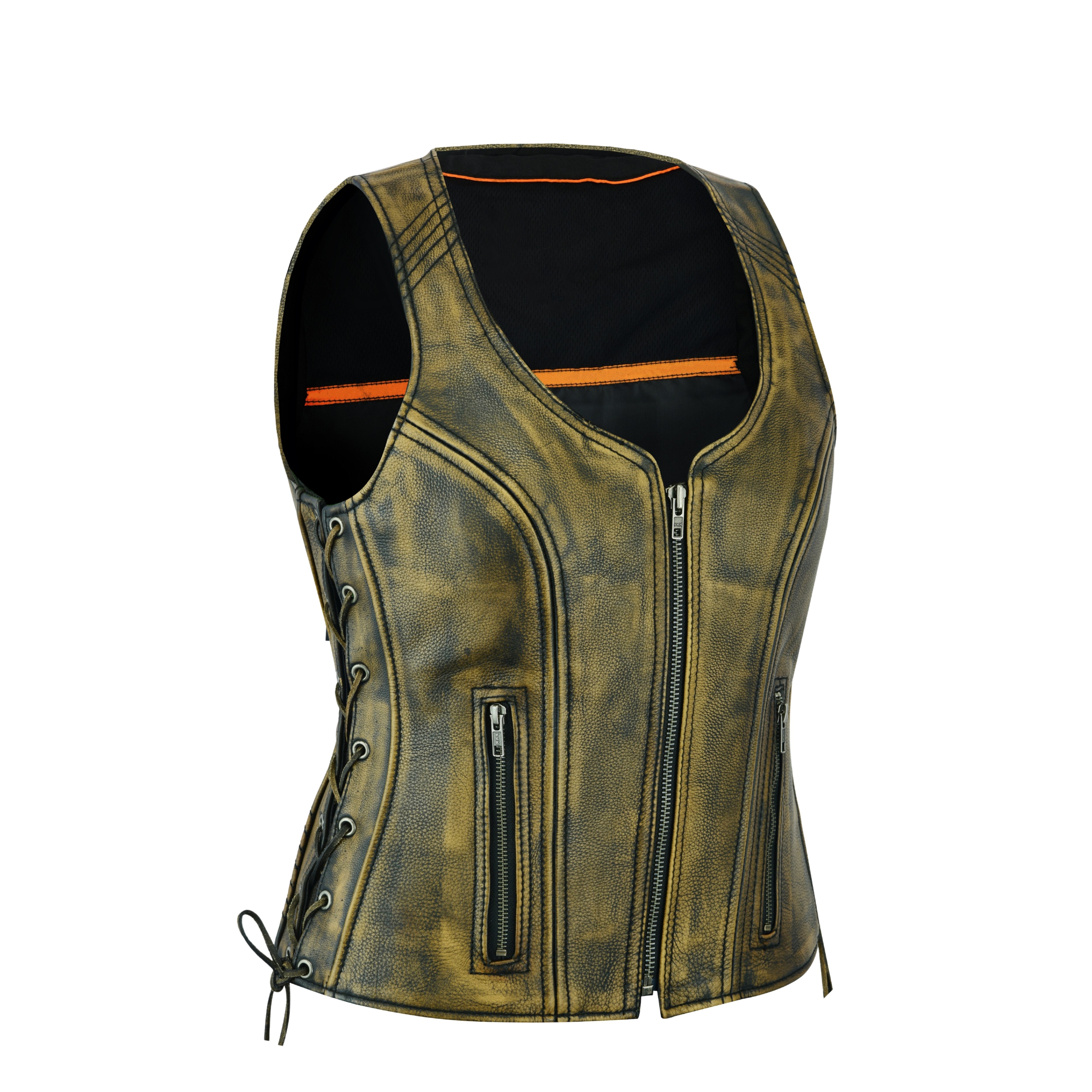Women’s Distressed Brown ‘Open Neck’ Motorcycle Leather Vest with Side Laces – Classic Ridewear by Rexons