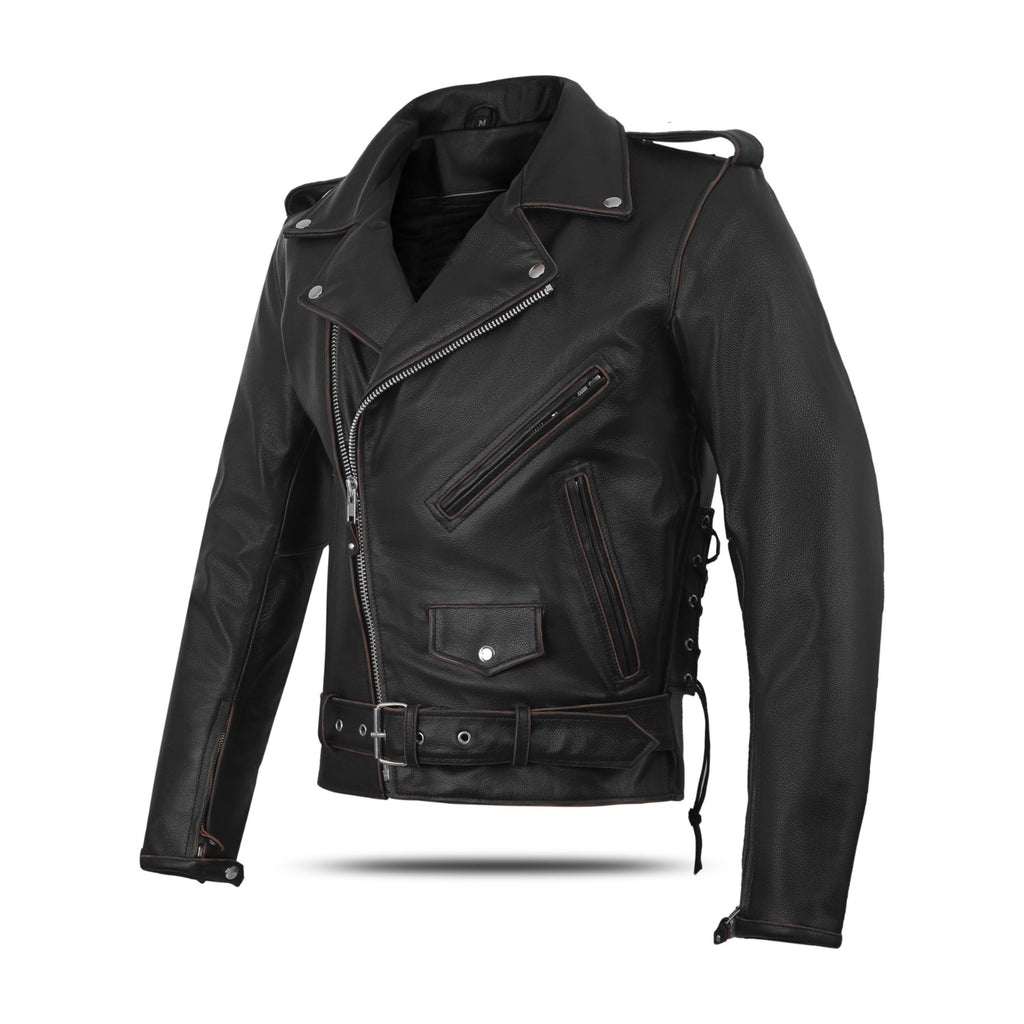 Motorcycle Leather Jacket – Rub Buff Finish, Classic Law Enforcement Look