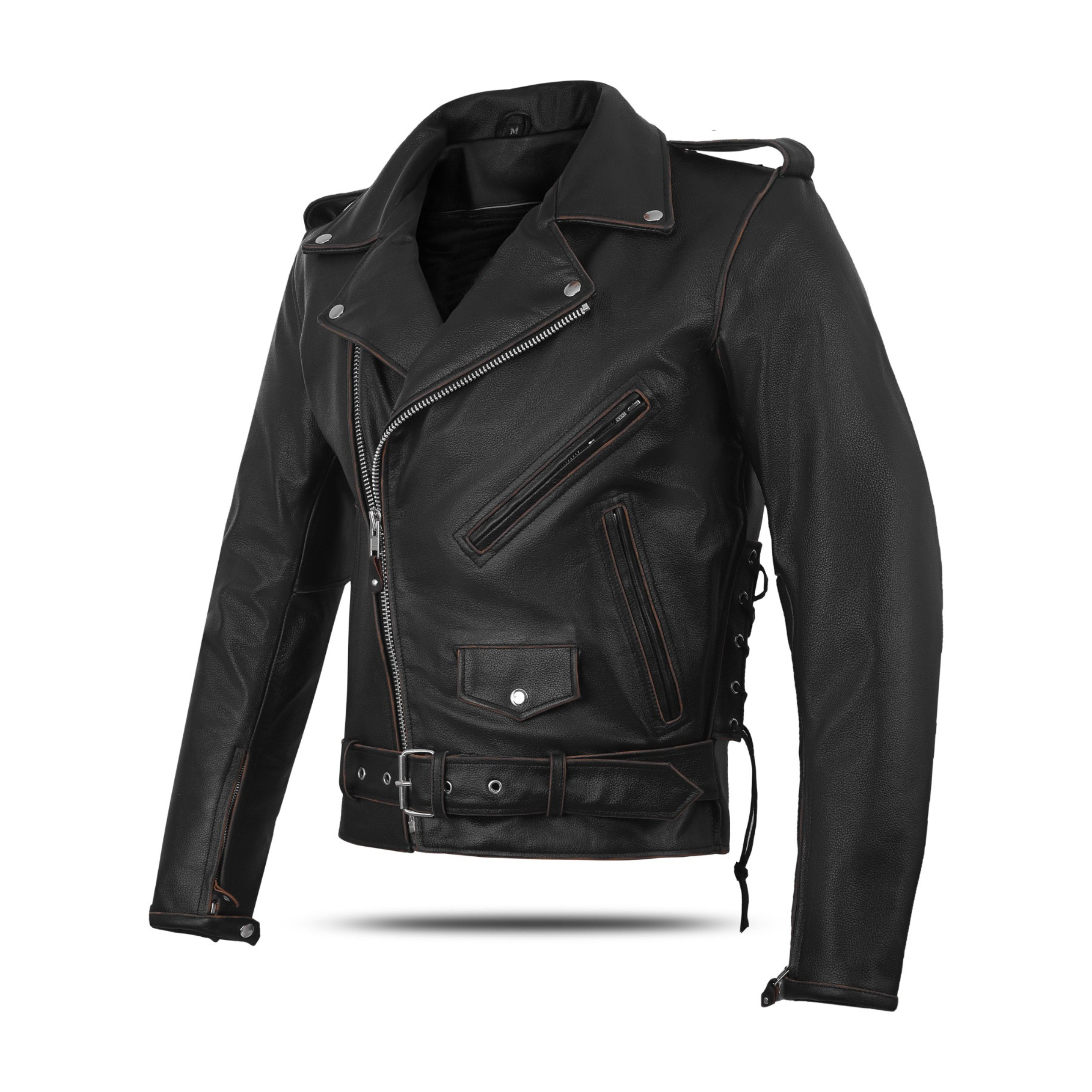 Old School Police Style Motorcycle Leather Jacket – Rub Buff Finish, Classic Law Enforcement Look