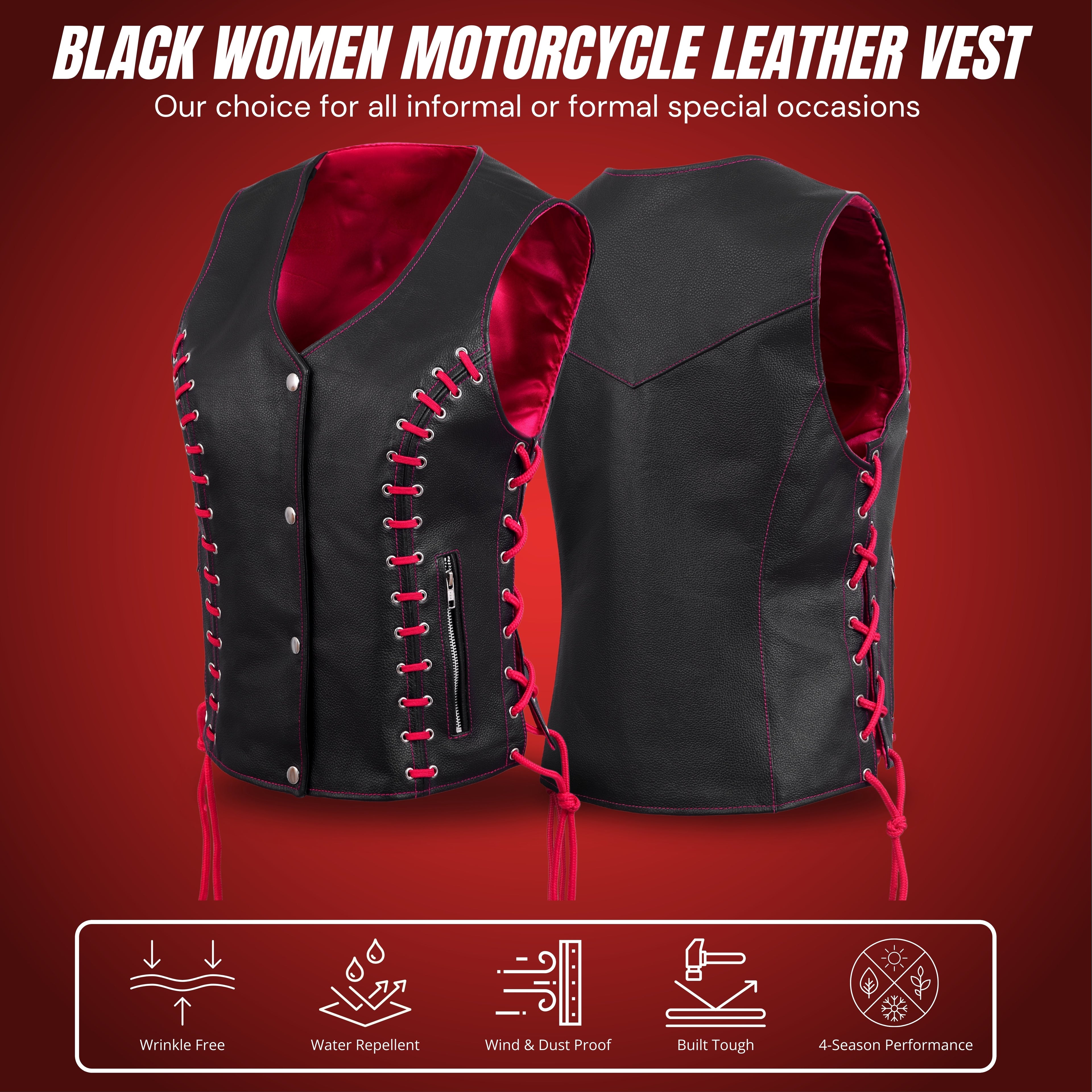 Rexons Women’s Side Lace Vest – Red/Black Buffalo Leather