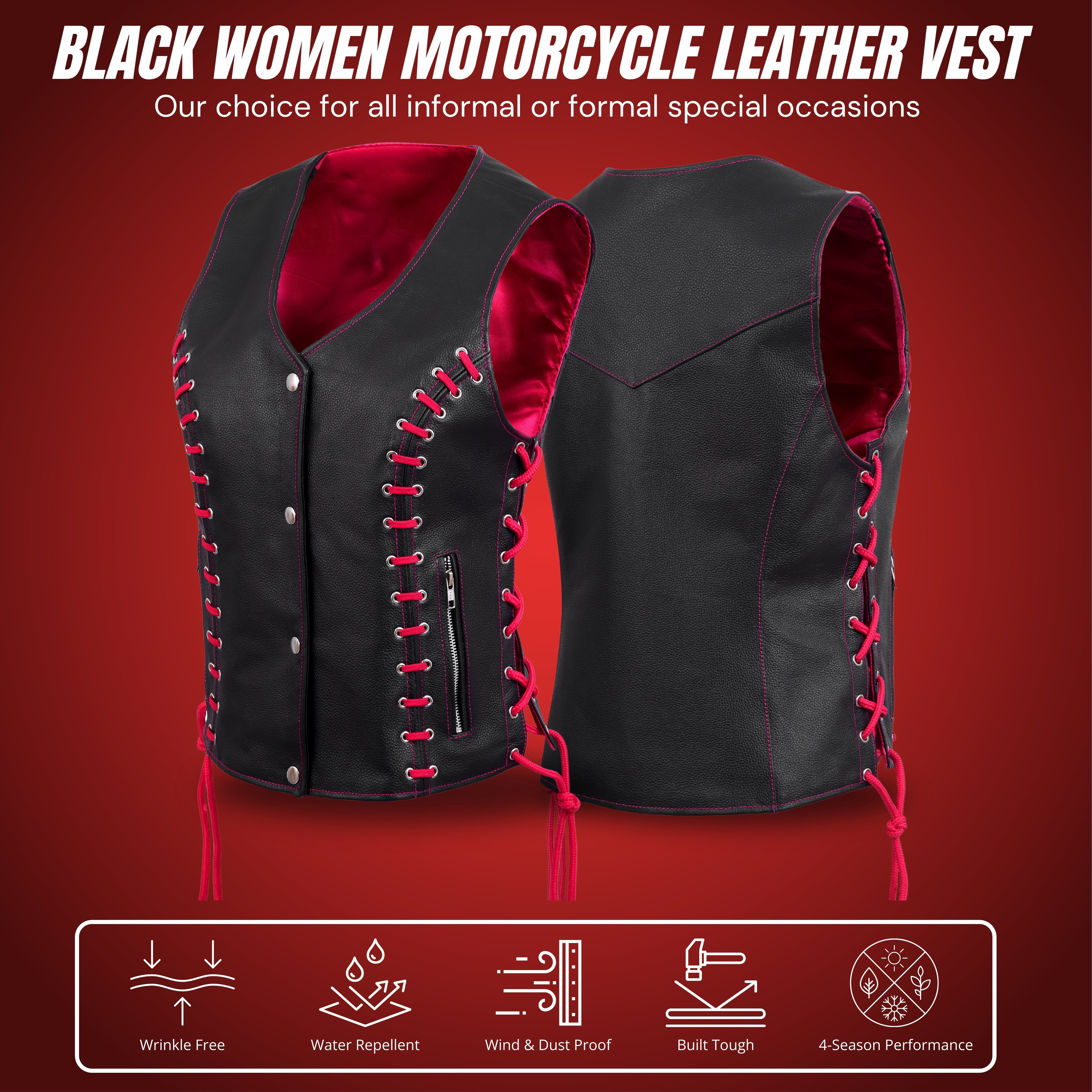 WCWV95841REDEYELET Women’s Side Lace Vest – Red/Black Buffalo Leather by Rexons