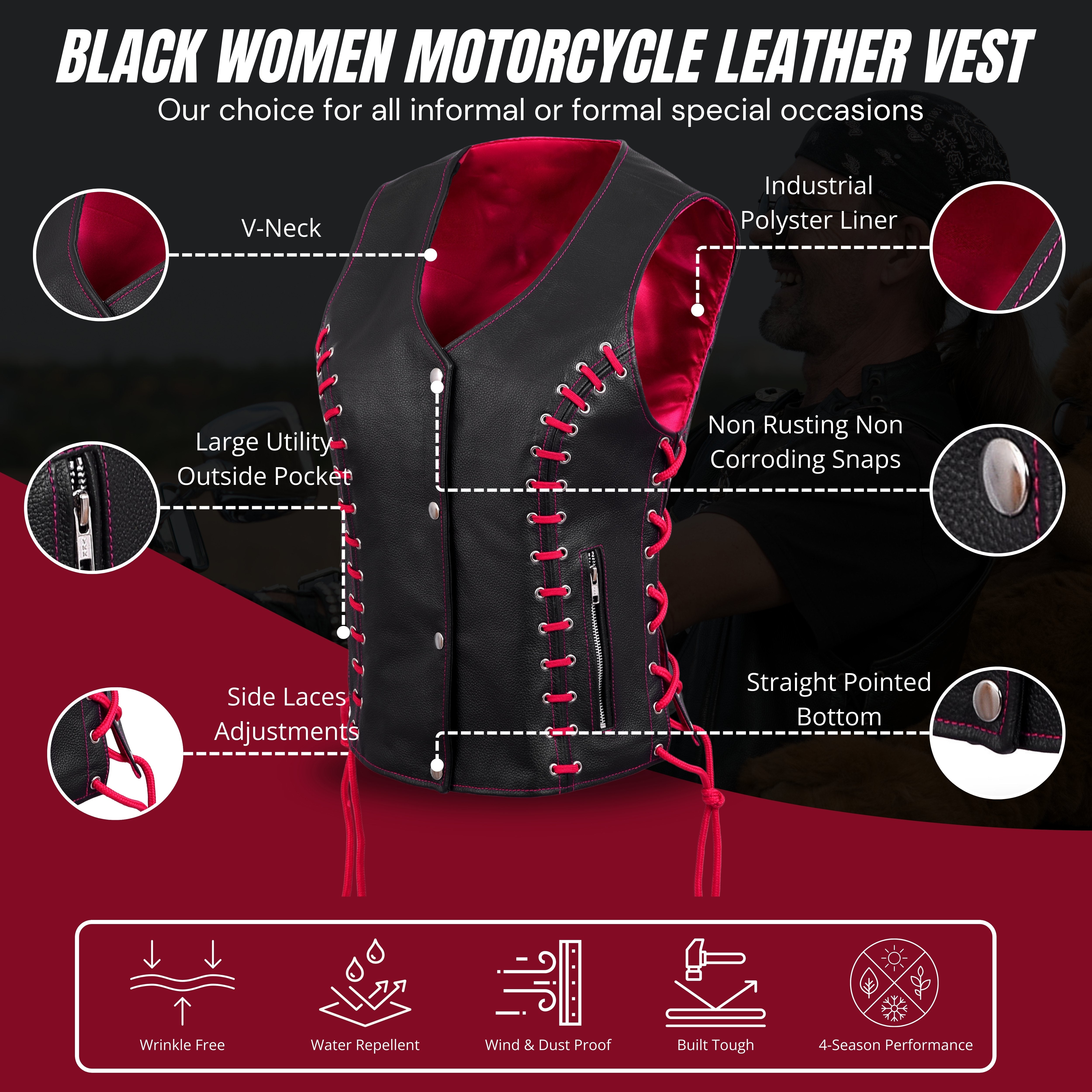WCWV95841REDEYELET Women’s Side Lace Vest – Red/Black Buffalo Leather by Rexons