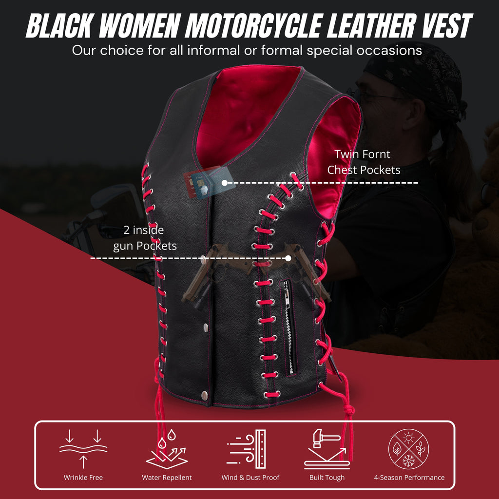 Rexons Women’s Side Lace Vest – Red/Black Buffalo Leather