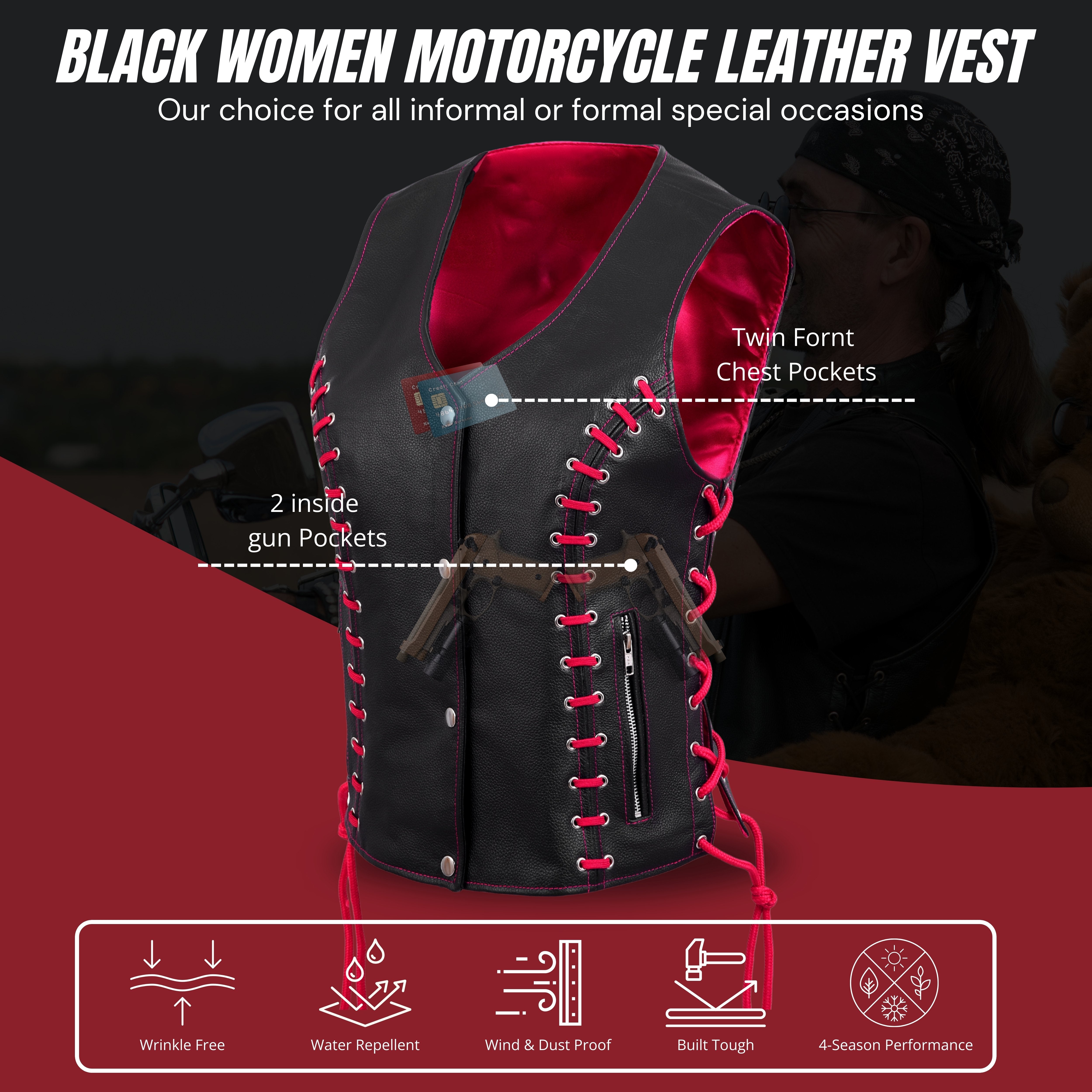 WCWV95841REDEYELET Women’s Side Lace Vest – Red/Black Buffalo Leather by Rexons