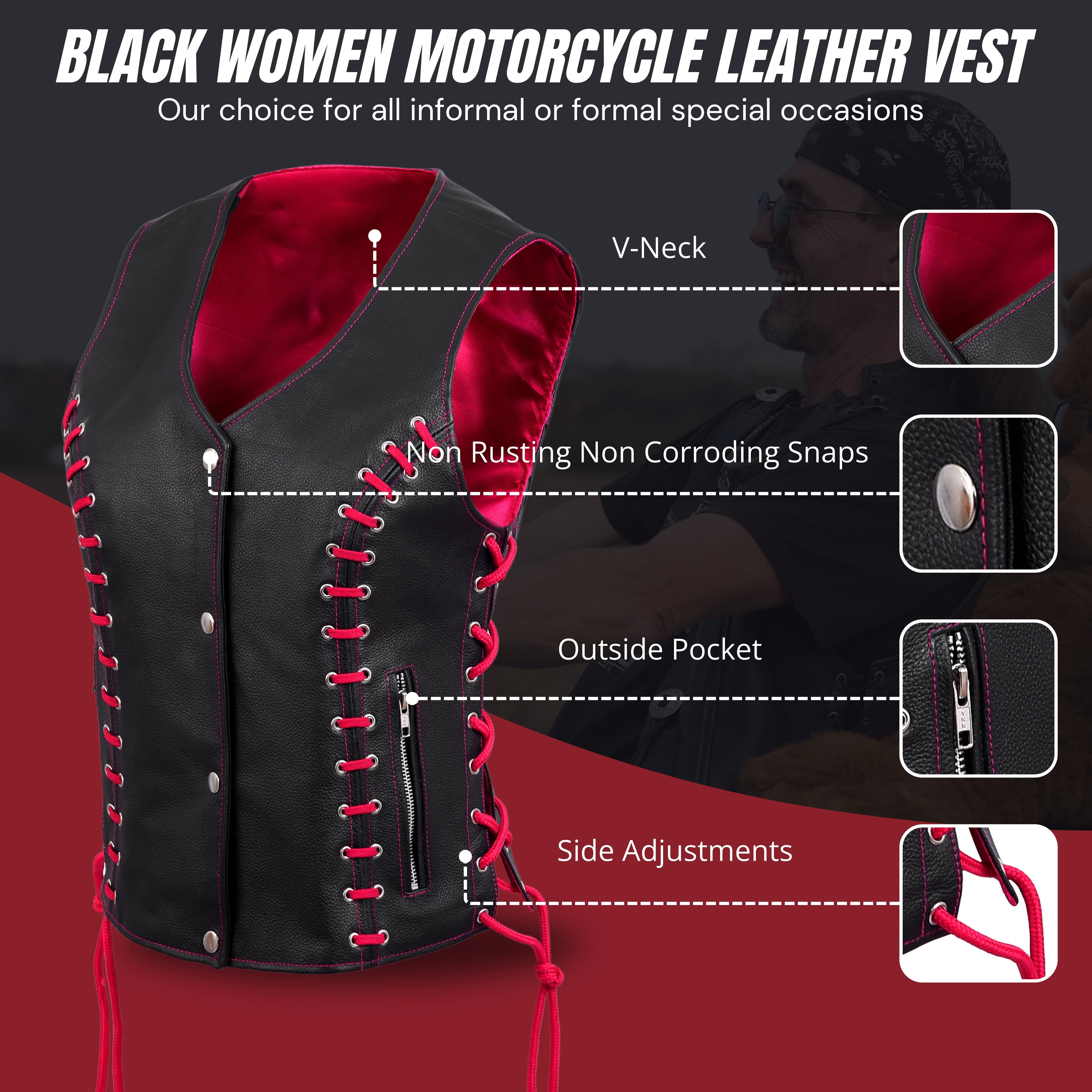 WCWV95841REDEYELET Women’s Side Lace Vest – Red/Black Buffalo Leather by Rexons