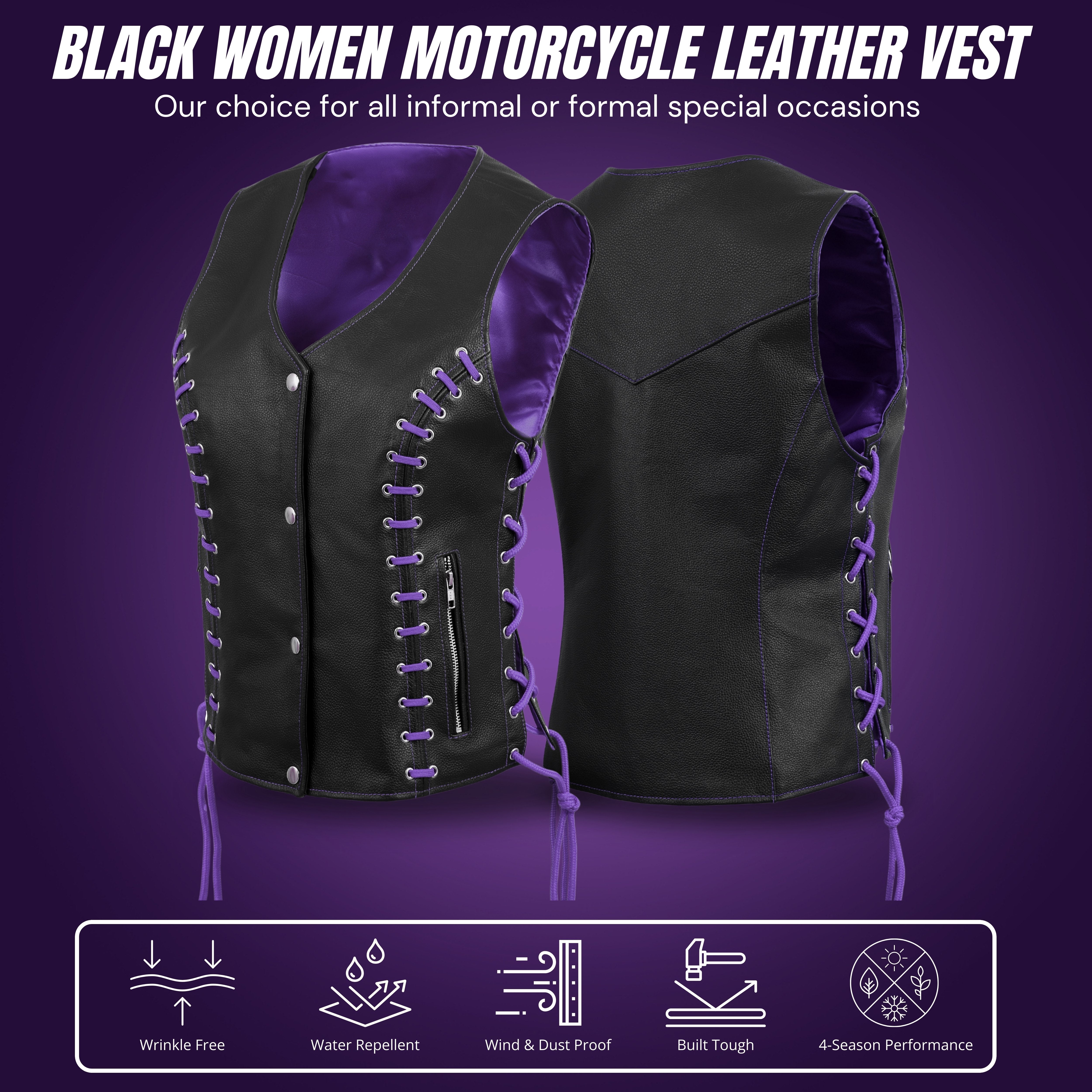 Women’s Side Lace Black Buffalo Leather Vest with Purple Thread & Eyelet Detailing – Rexons