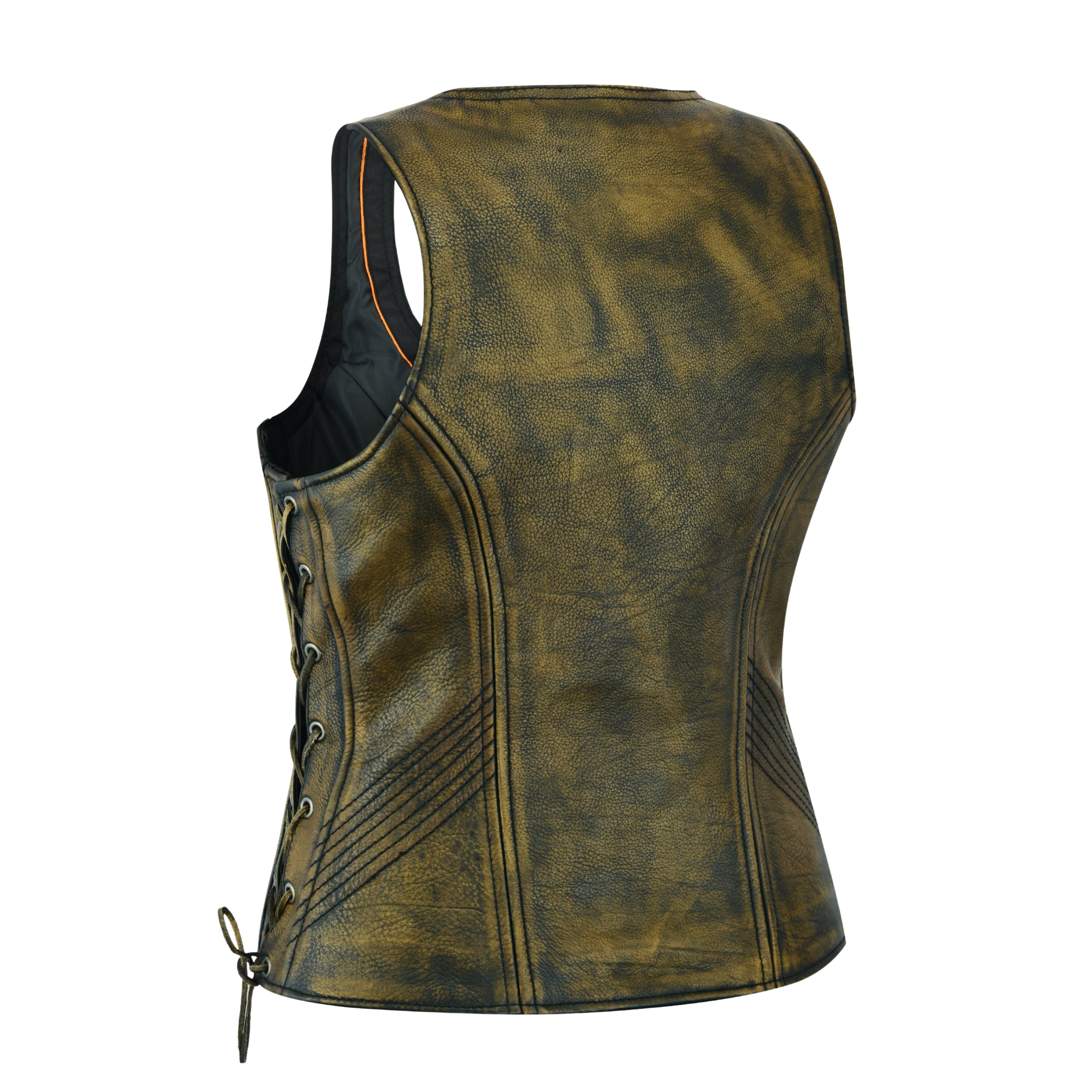 Women’s Distressed Brown ‘Open Neck’ Motorcycle Leather Vest with Side Laces – Classic Ridewear by Rexons