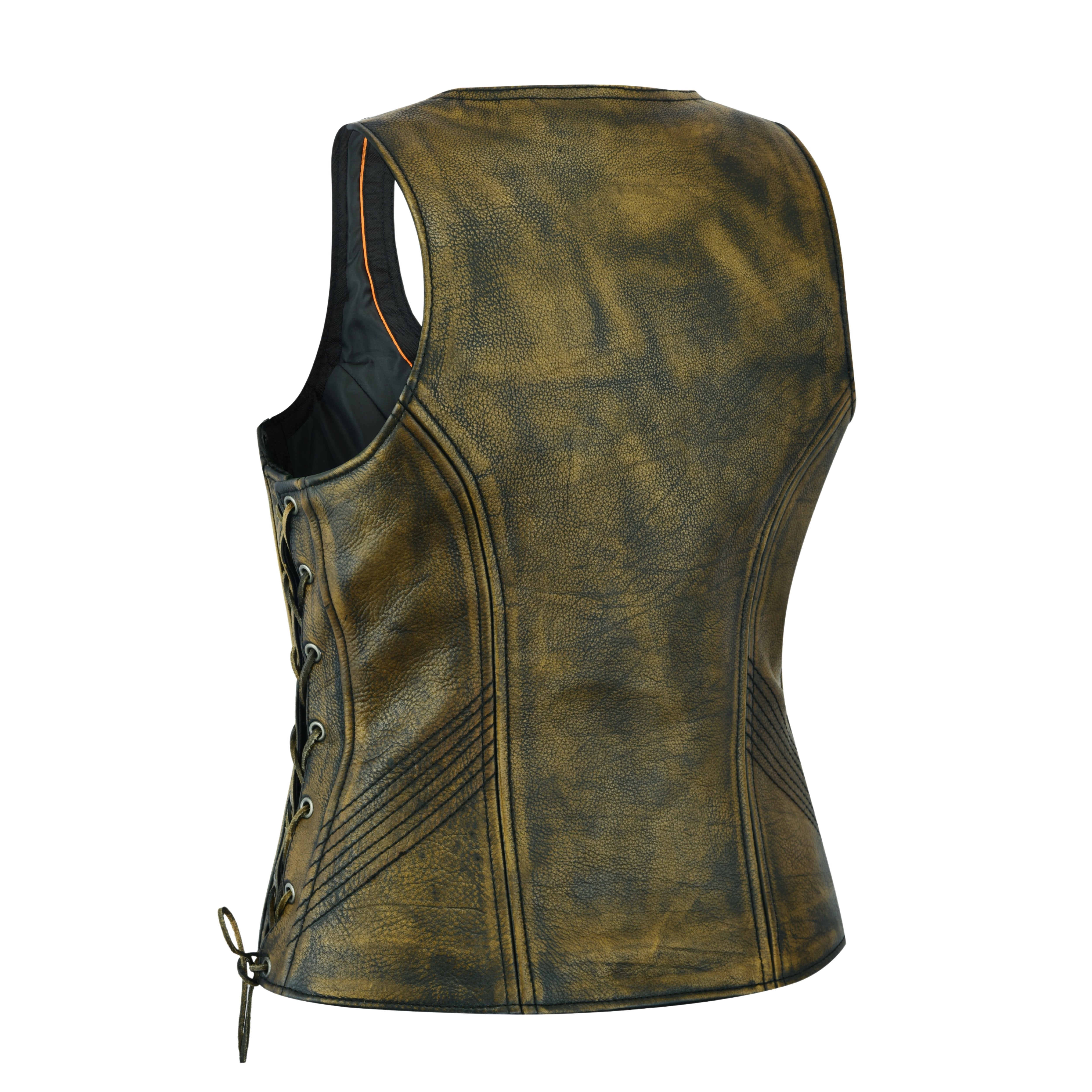 Women’s Distressed Brown ‘Open Neck’ Motorcycle Leather Vest with Side Laces – Classic Ridewear by Rexons