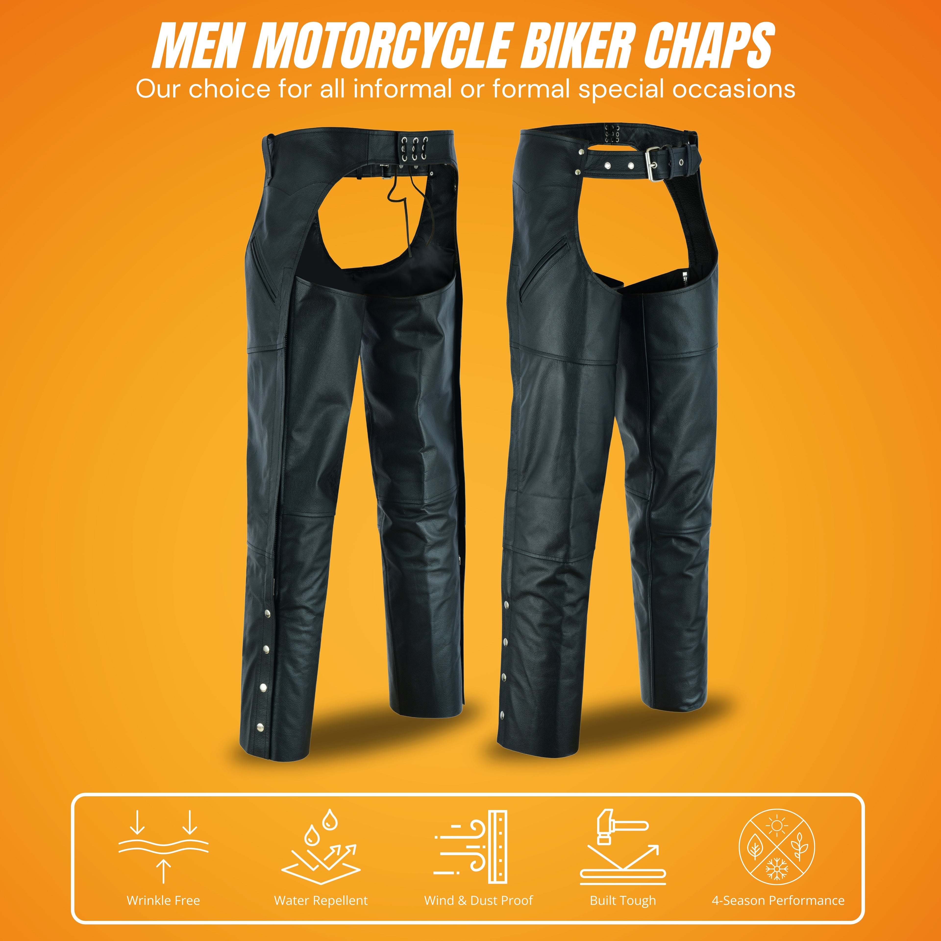 NKD Heavy Buffalo Leather Lined Motorcycle Riding Biker Chap-Black