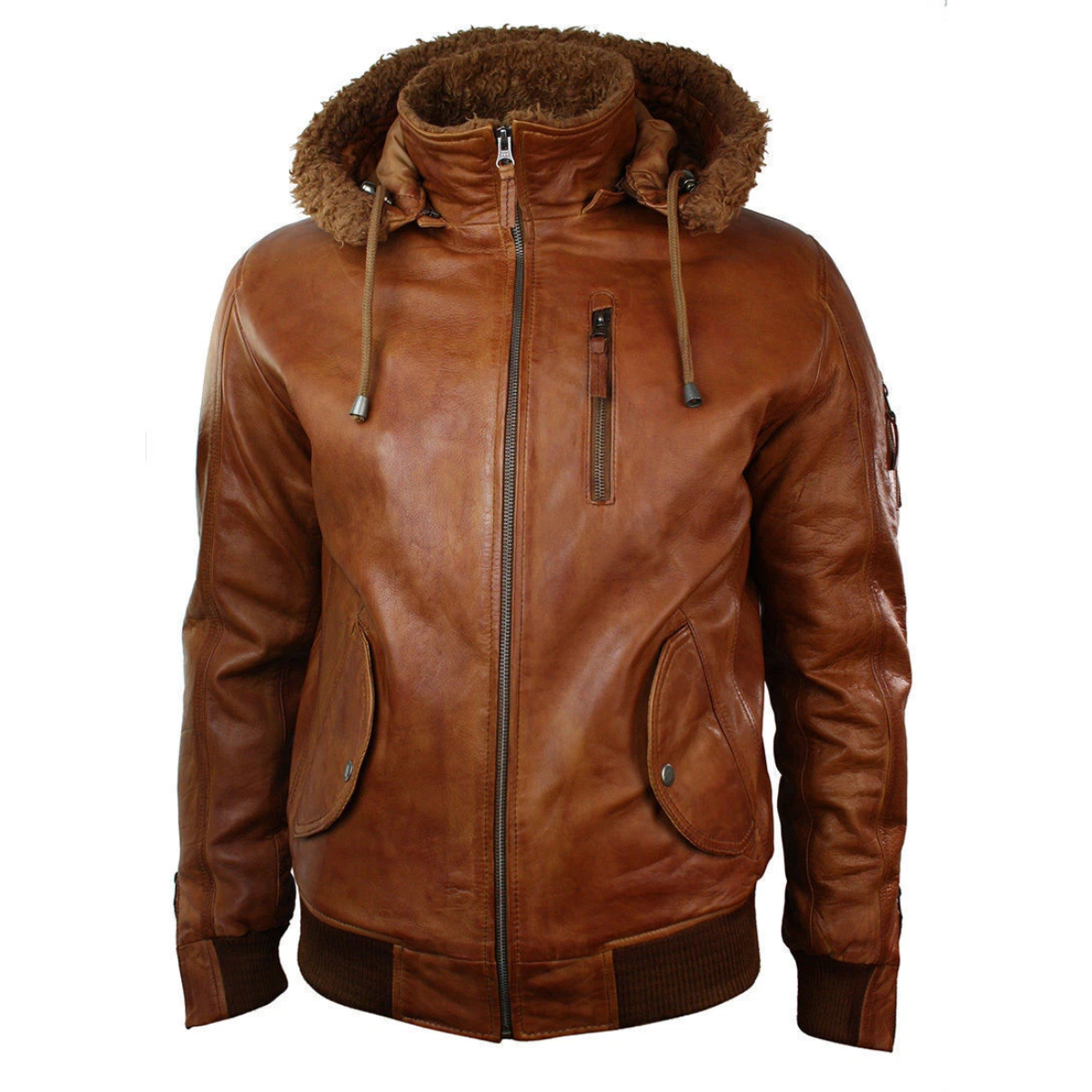 Men’s Brown Leather Jacket with Hood & Shearling Lining