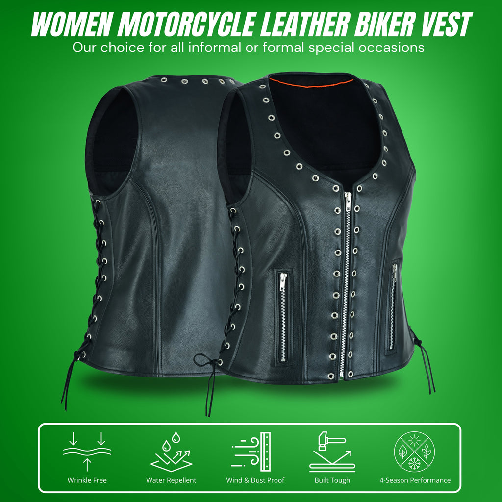 Women’s Eyelet Leather Vest – Longer Length Premium Fit by Rexons