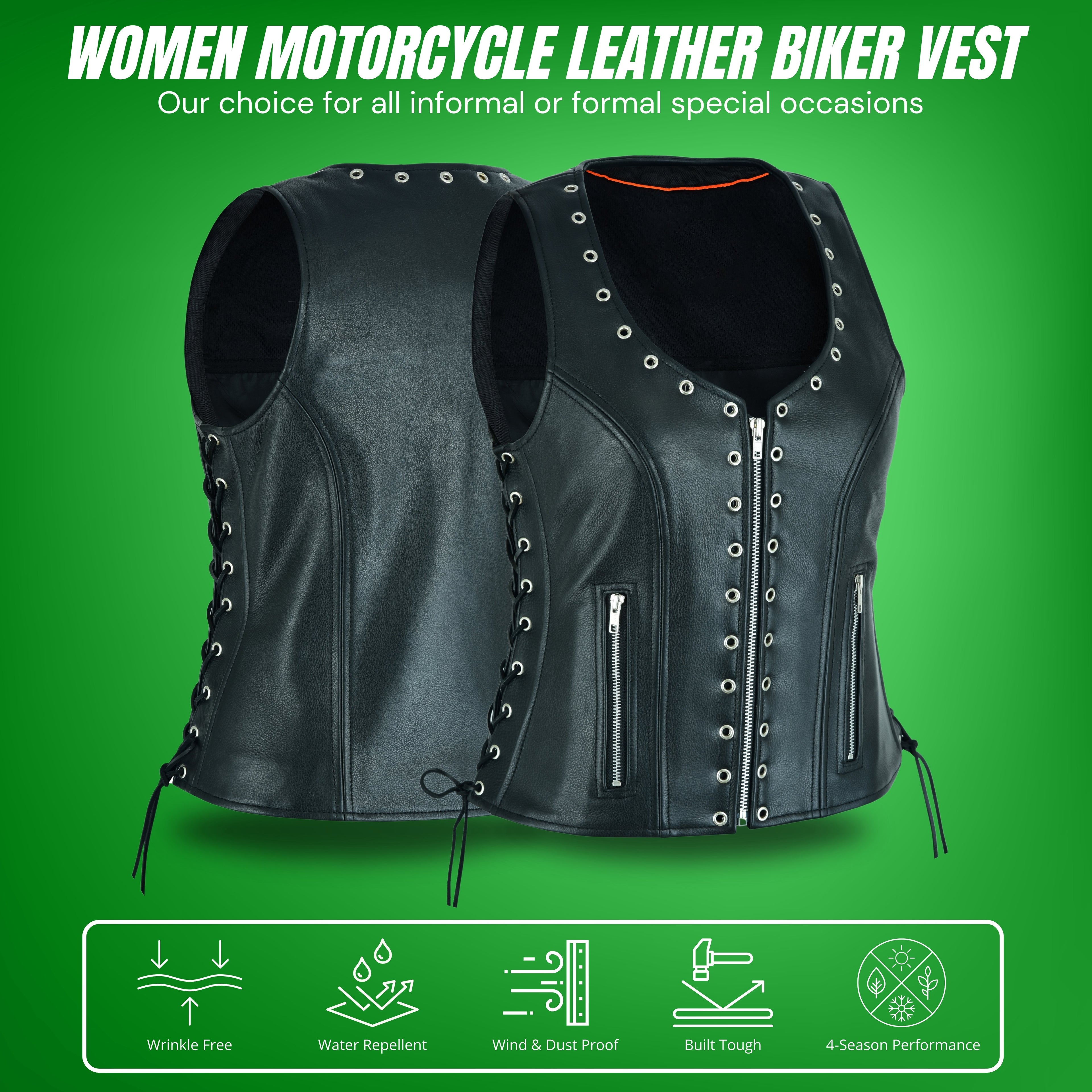 Women’s Eyelet Leather Vest – Longer Length Premium Fit by Rexons
