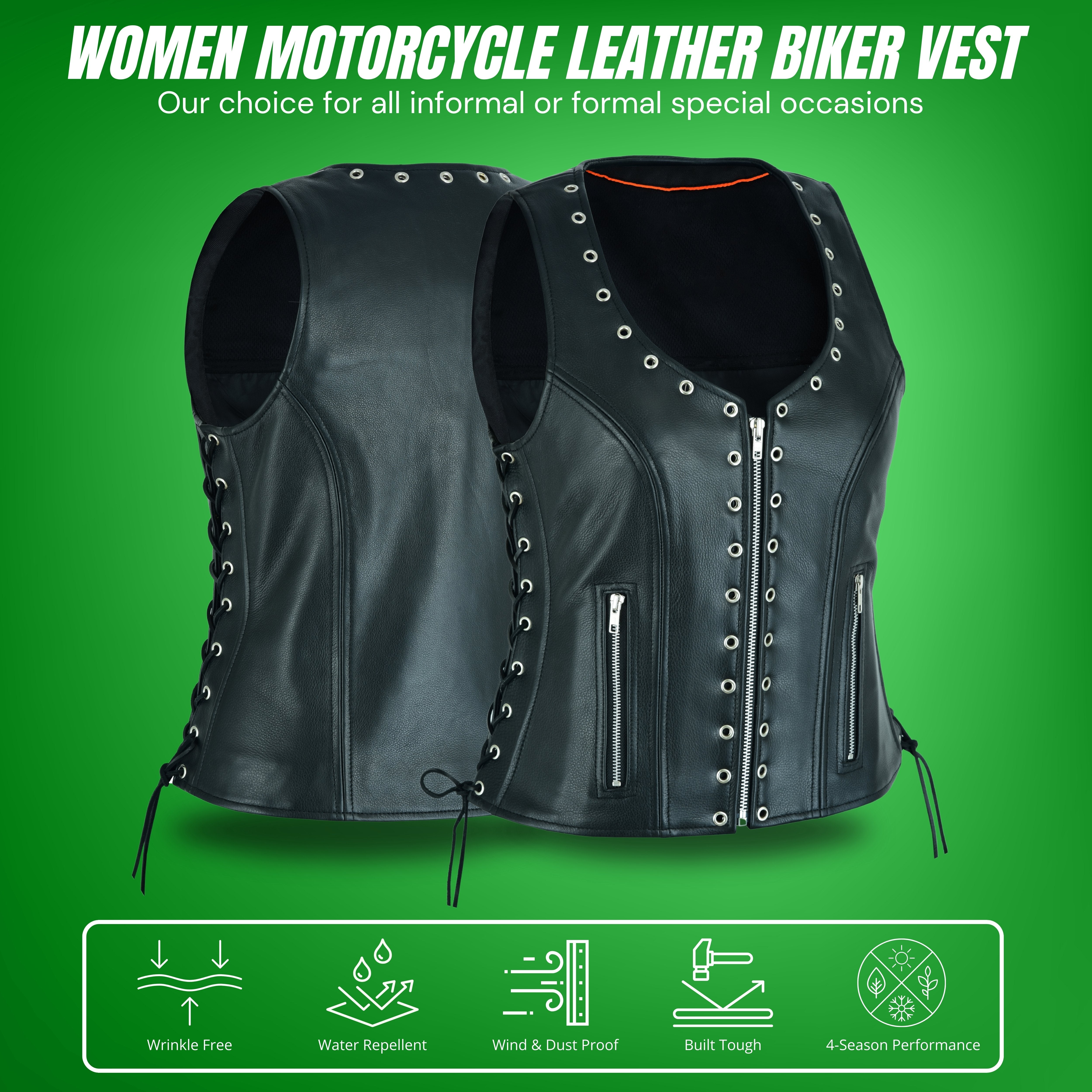 Women’s Eyelet Leather Vest – Longer Length Premium Fit by Rexons