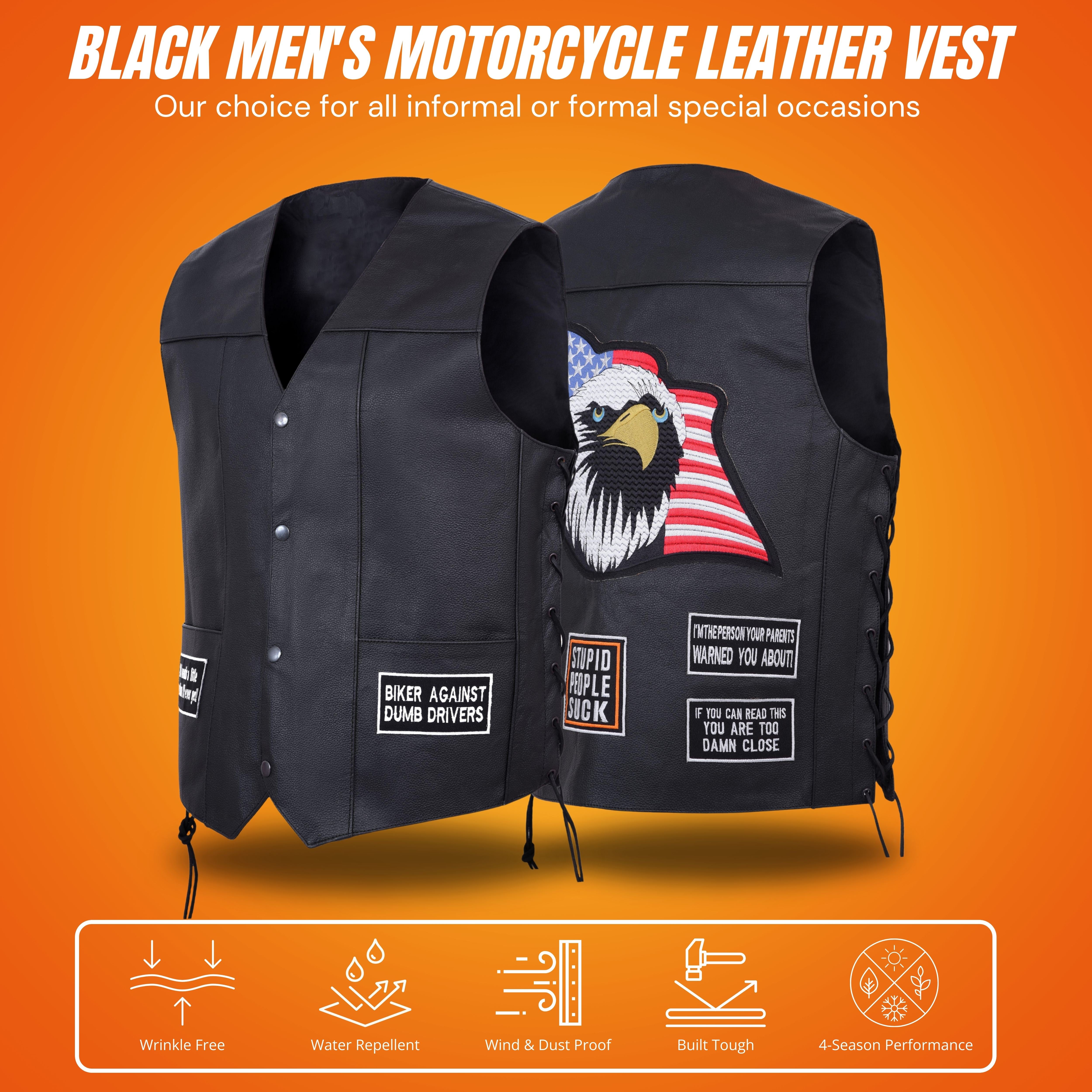 Men’s Motorcycle Leather Vest – USA Flag & American Eagle Design – Premium Biker Club Cut with Concealed Gun Pocket