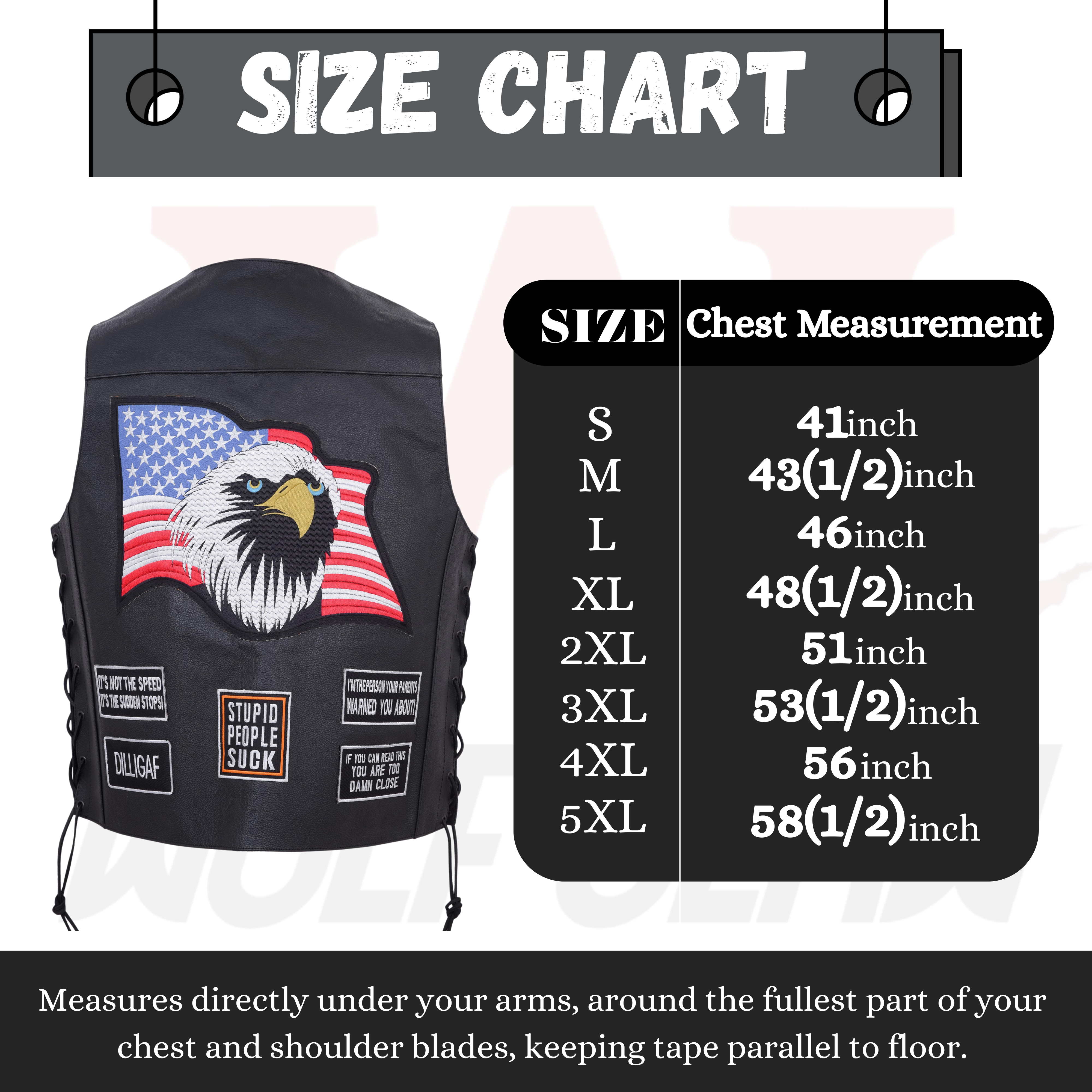 Men’s Motorcycle Leather Vest – USA Flag & American Eagle Design – Premium Biker Club Cut with Concealed Gun Pocket