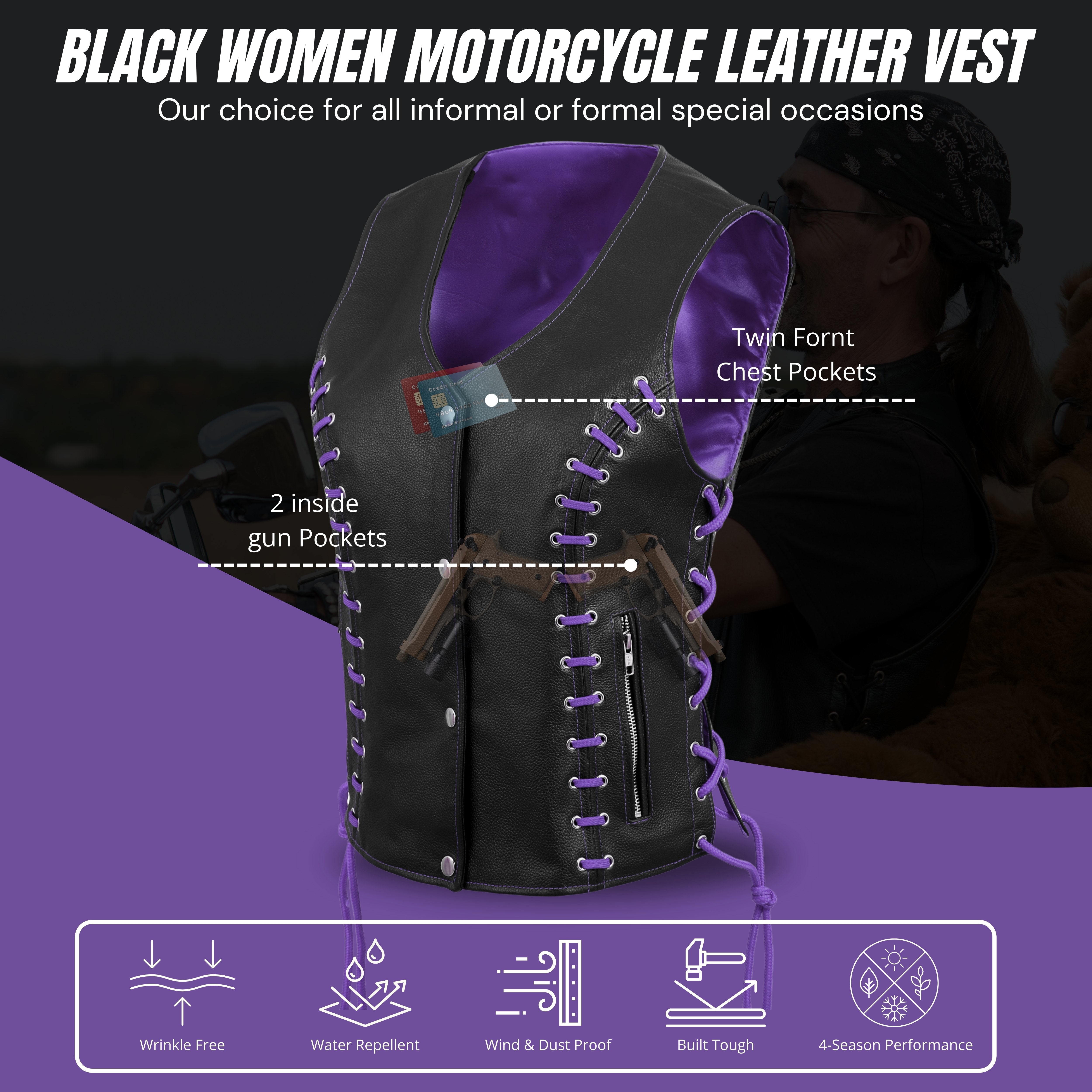 Women’s Side Lace Black Buffalo Leather Vest with Purple Thread & Eyelet Detailing – Rexons