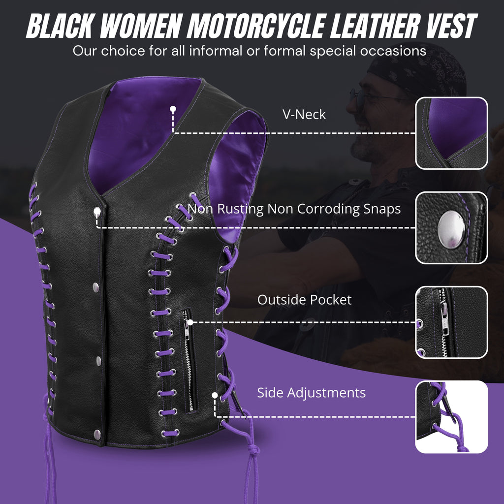 Women’s Side Lace Black Buffalo Leather Vest with Purple Thread & Eyelet Detailing – Rexons