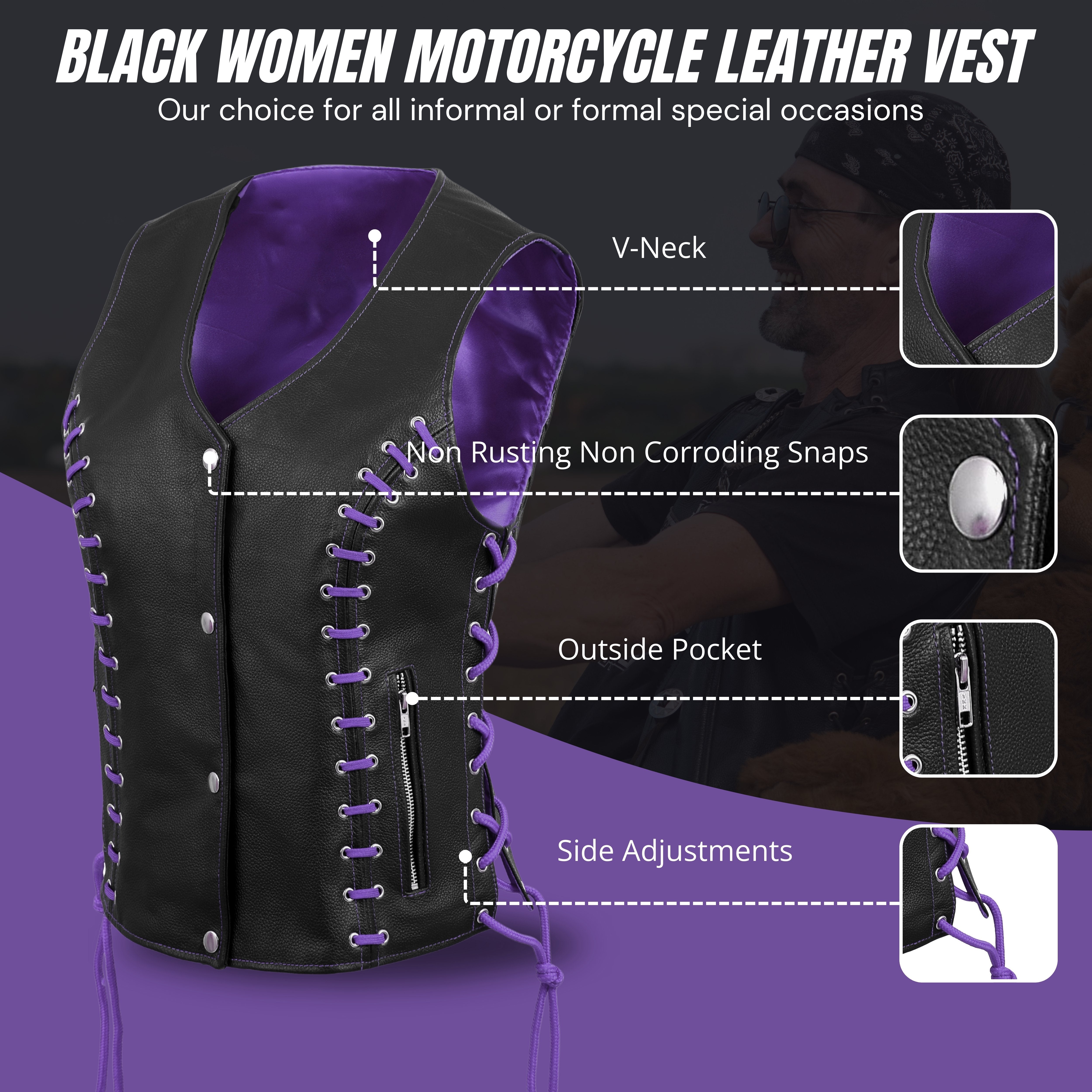 Women’s Side Lace Black Buffalo Leather Vest with Purple Thread & Eyelet Detailing – Rexons