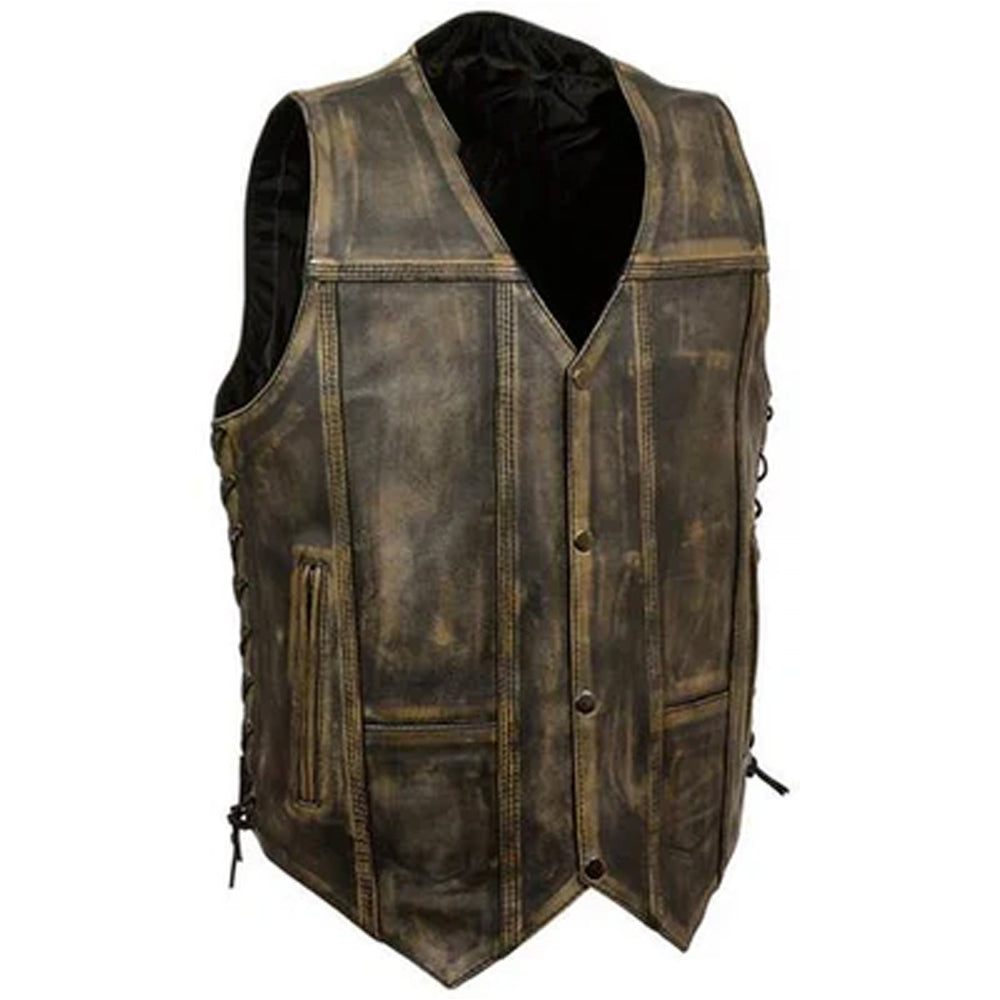 Men's Roulette 7-Pocket Motorcycle Vest – Distressed Brown Genuine Leather Biker Vest with Concealed Carry and Utility Pockets