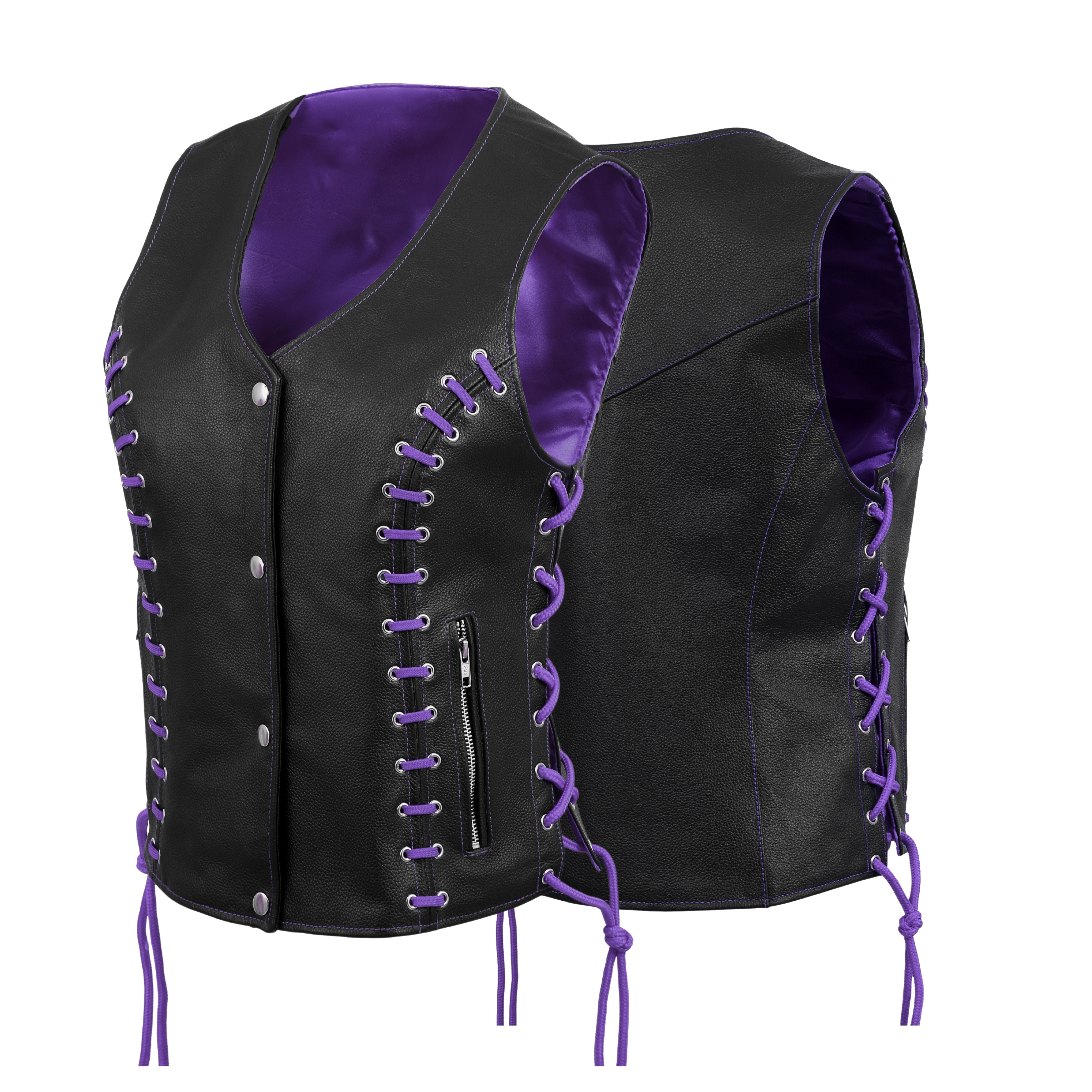 Women’s Side Lace Black Buffalo Leather Vest with Purple Thread & Eyelet Detailing – Rexons