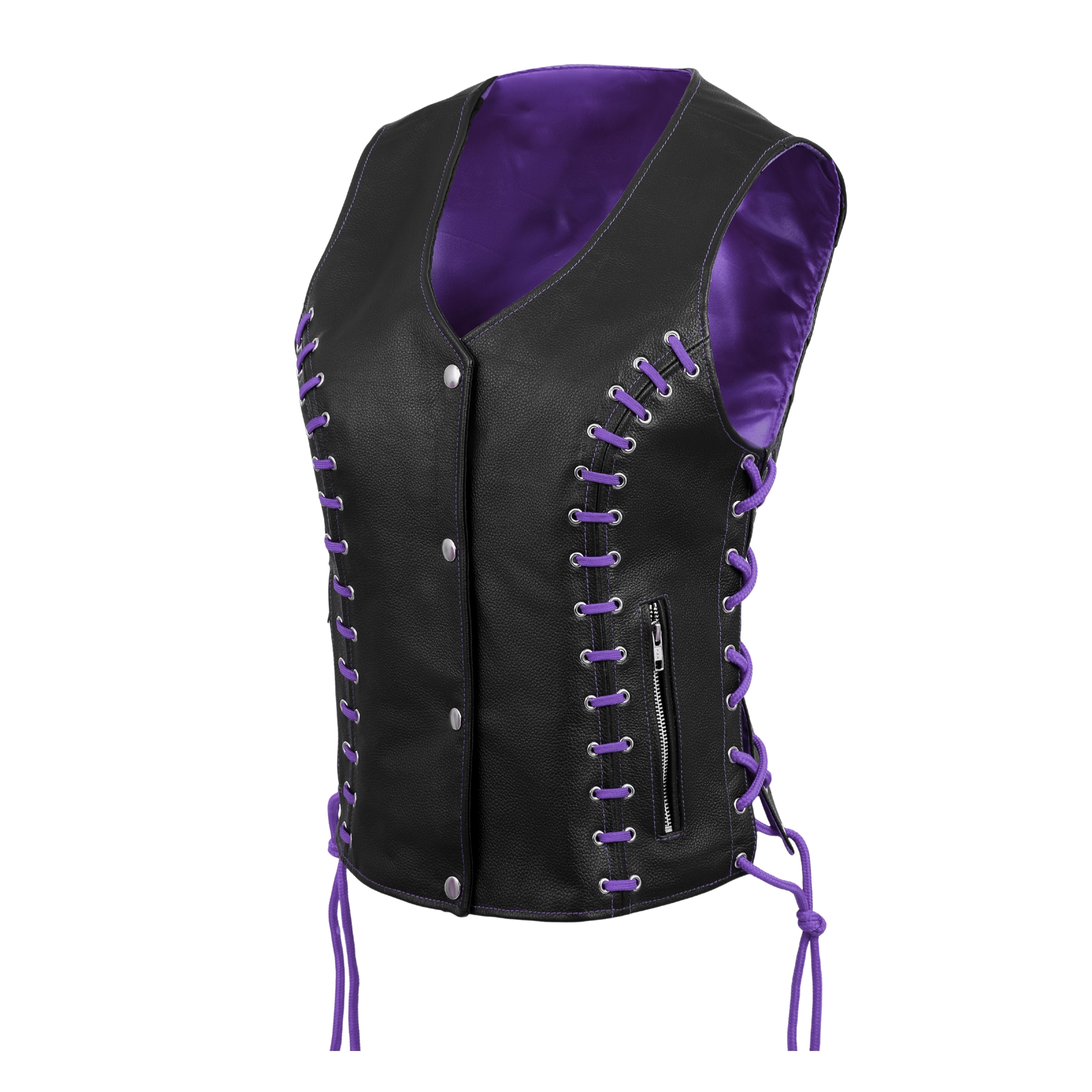 Women’s Side Lace Black Buffalo Leather Vest with Purple Thread & Eyelet Detailing – Rexons